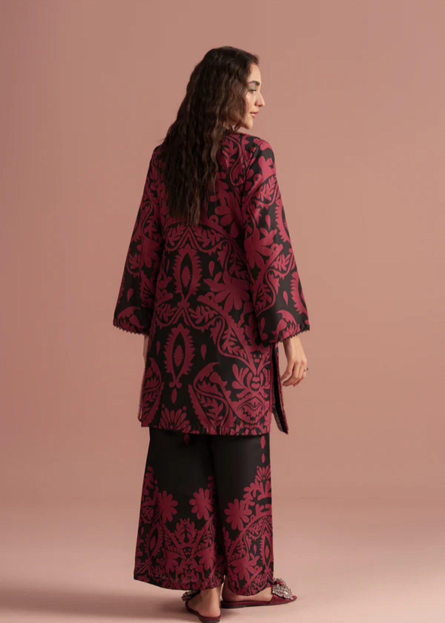 poly lawn Co Ord Sets in Black, blood red