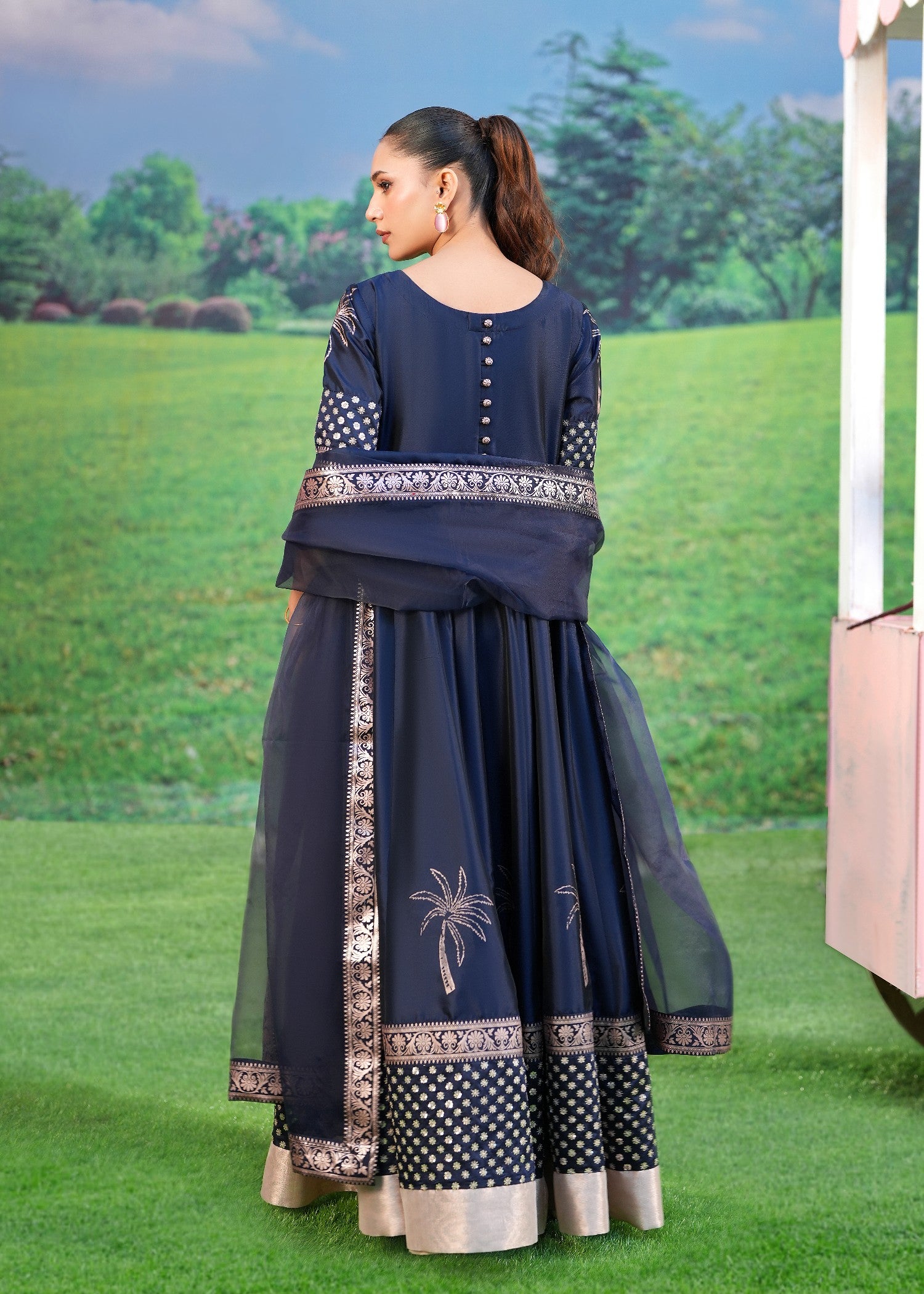 kattan silk Pishwas in Navy blue