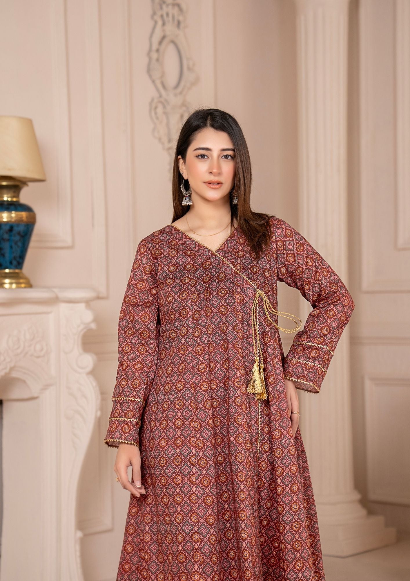 lawn Angrakha in Maroon