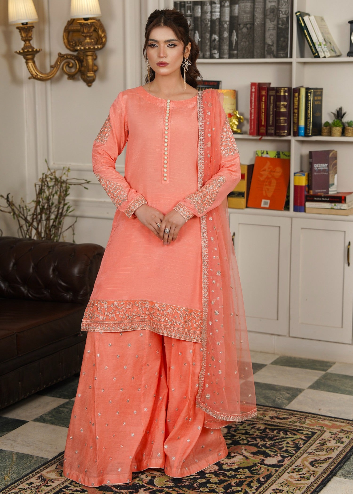 raw silk Sharara in Peach pink