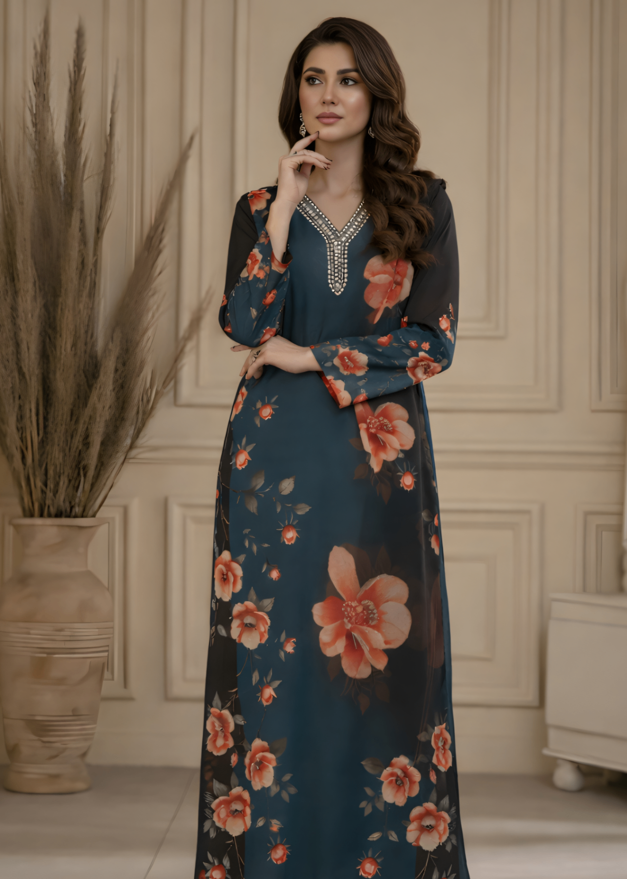 crepe Kurta Set in Teal