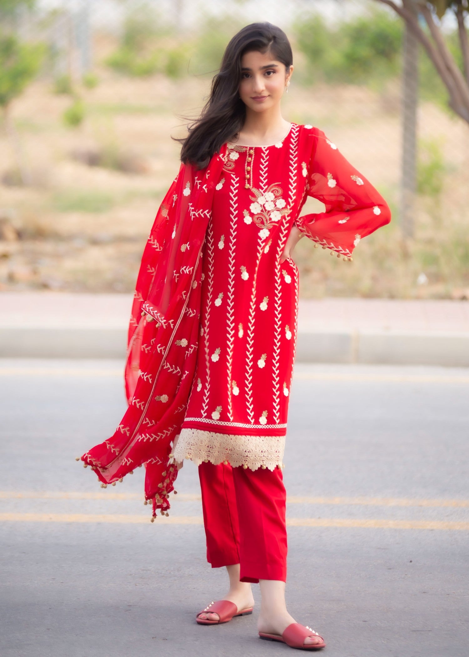 chiffon Kurta Set in Imperial red