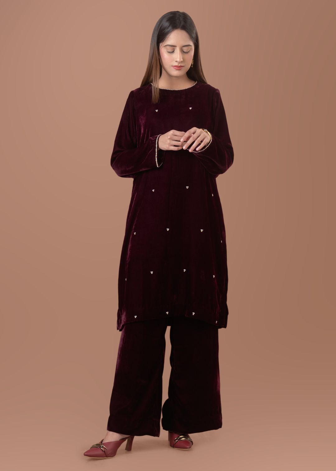 chinese micro velvet 9000 Kurta Set in Burgundy