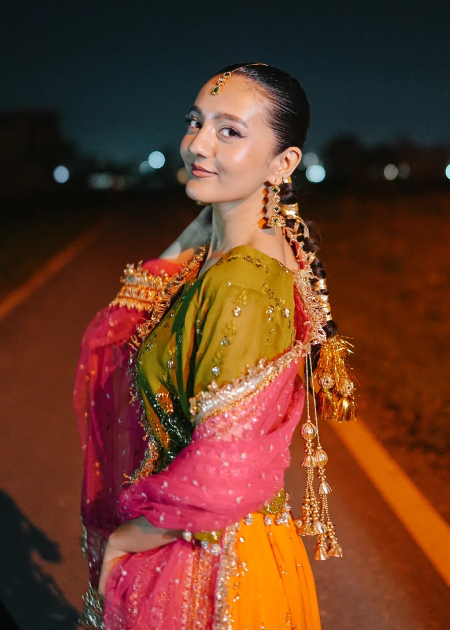 bemberg crinkle chiffon Lehenga in Hot pink, olive green, orange