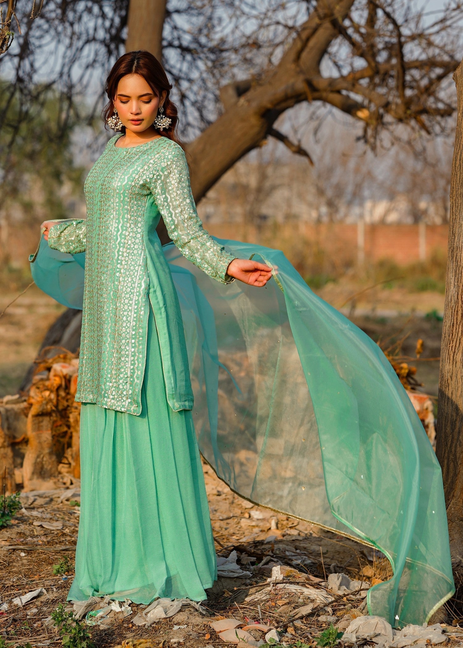 bemberg crinkle chiffon Sharara in Moss green