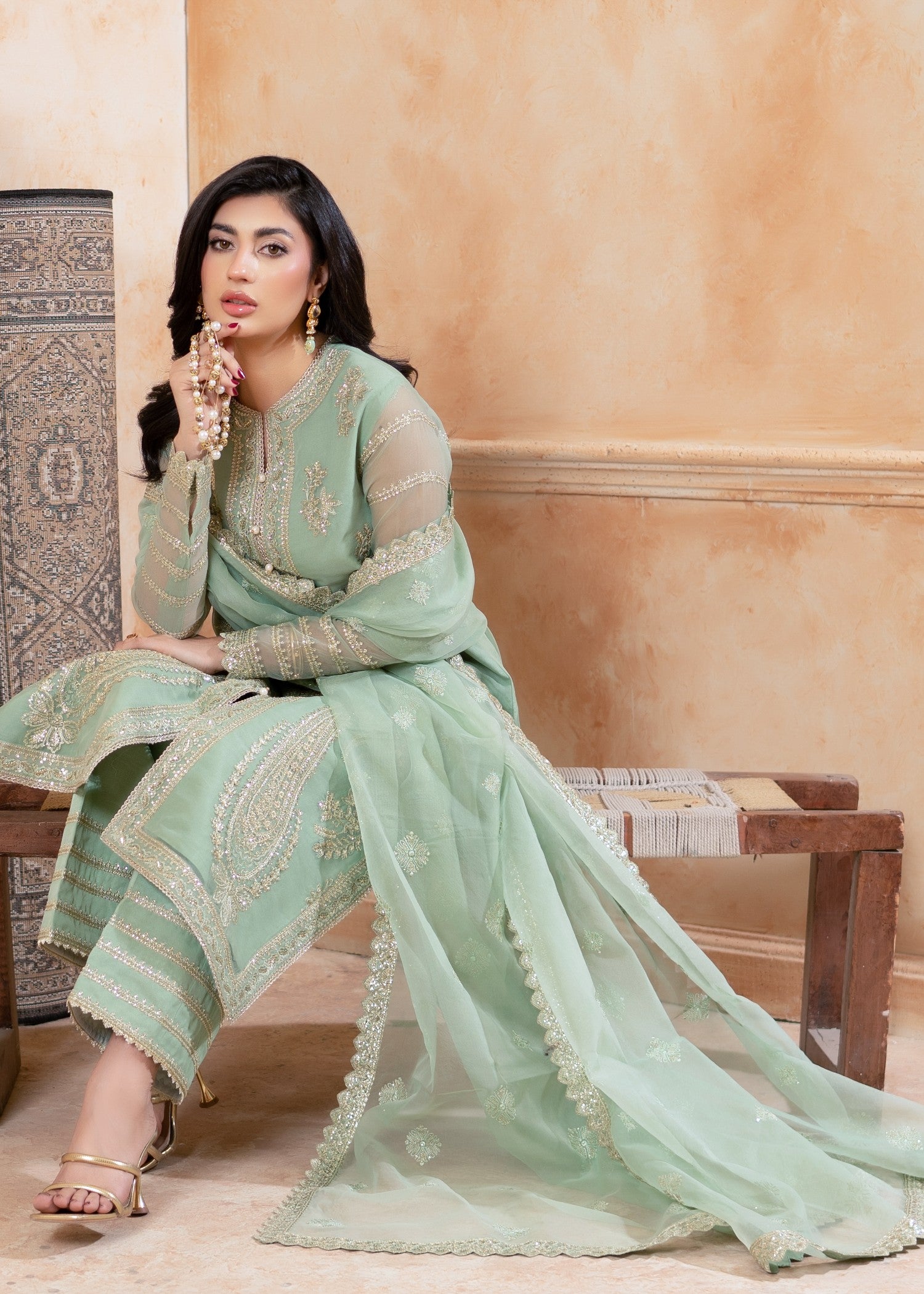 organza Kurta Set in Mint green