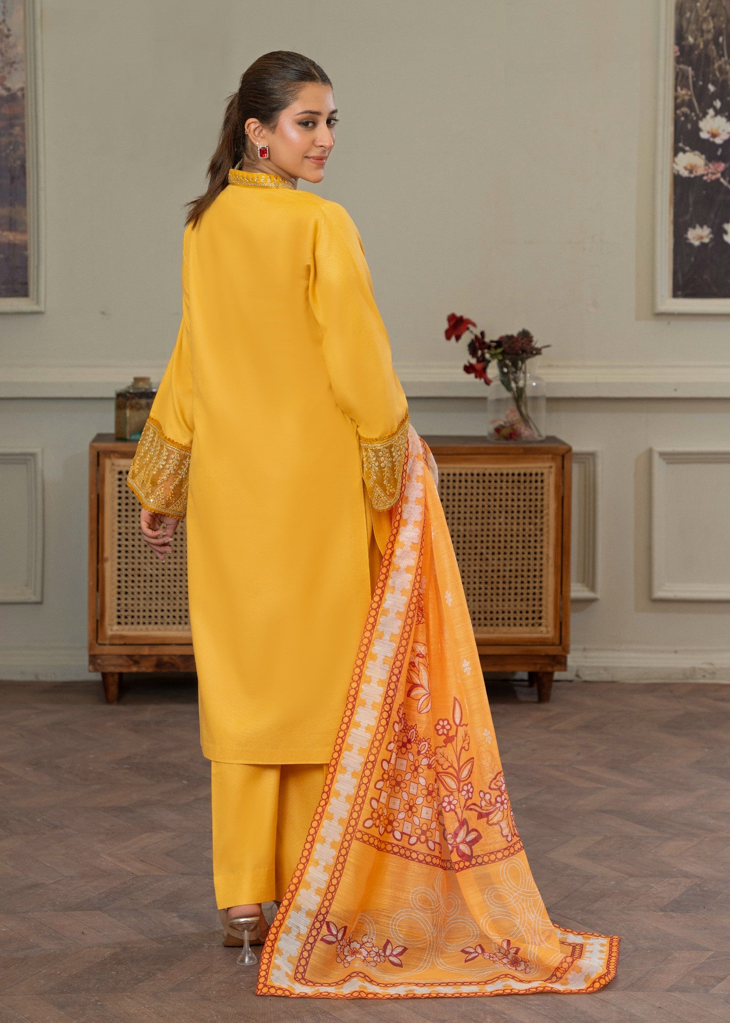 lawn karandi Kurta Set in Marigold