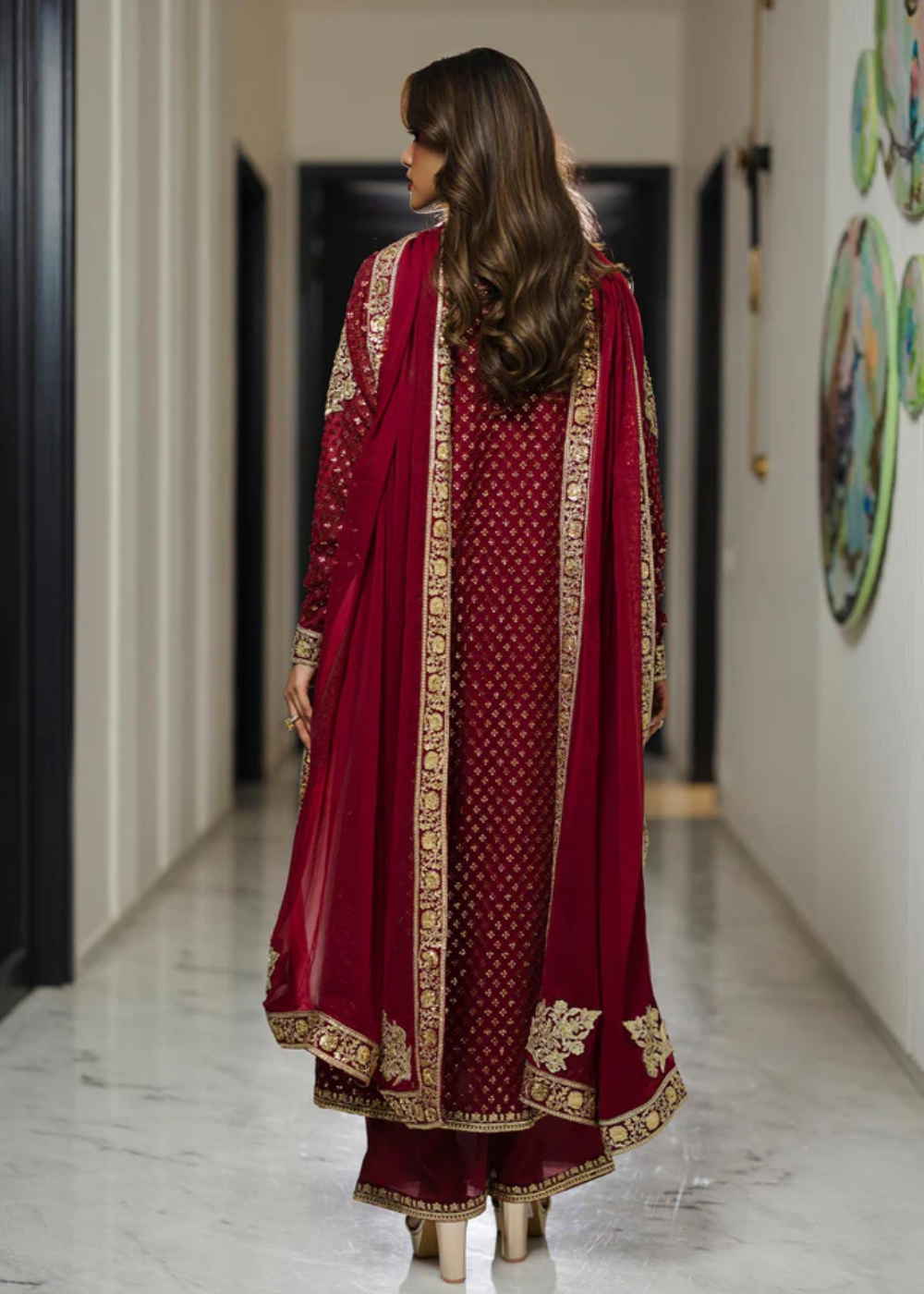 pure silk chiffon Kurta Set in Venetian red