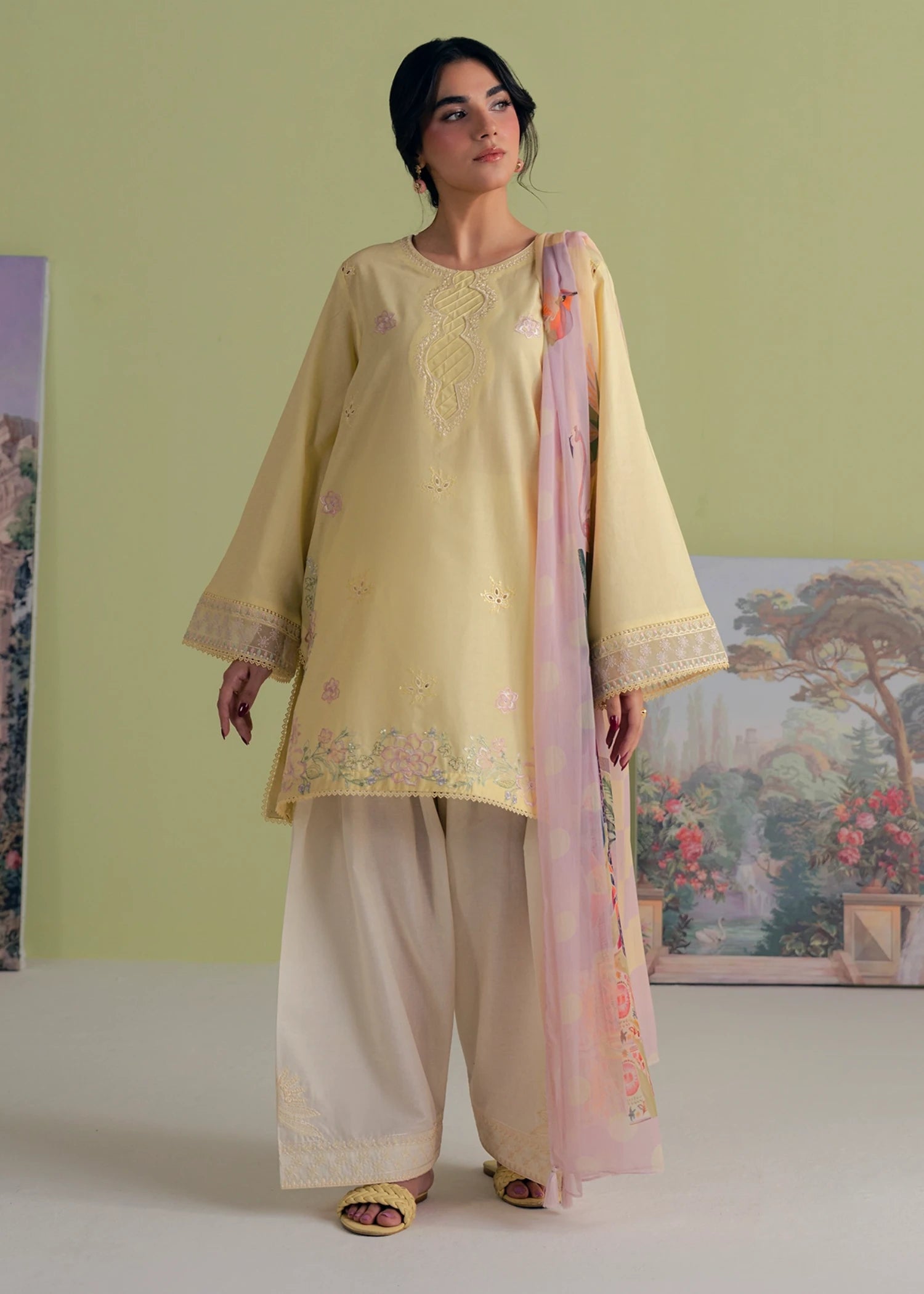 lawn cotton Kurta Set in Yellow
