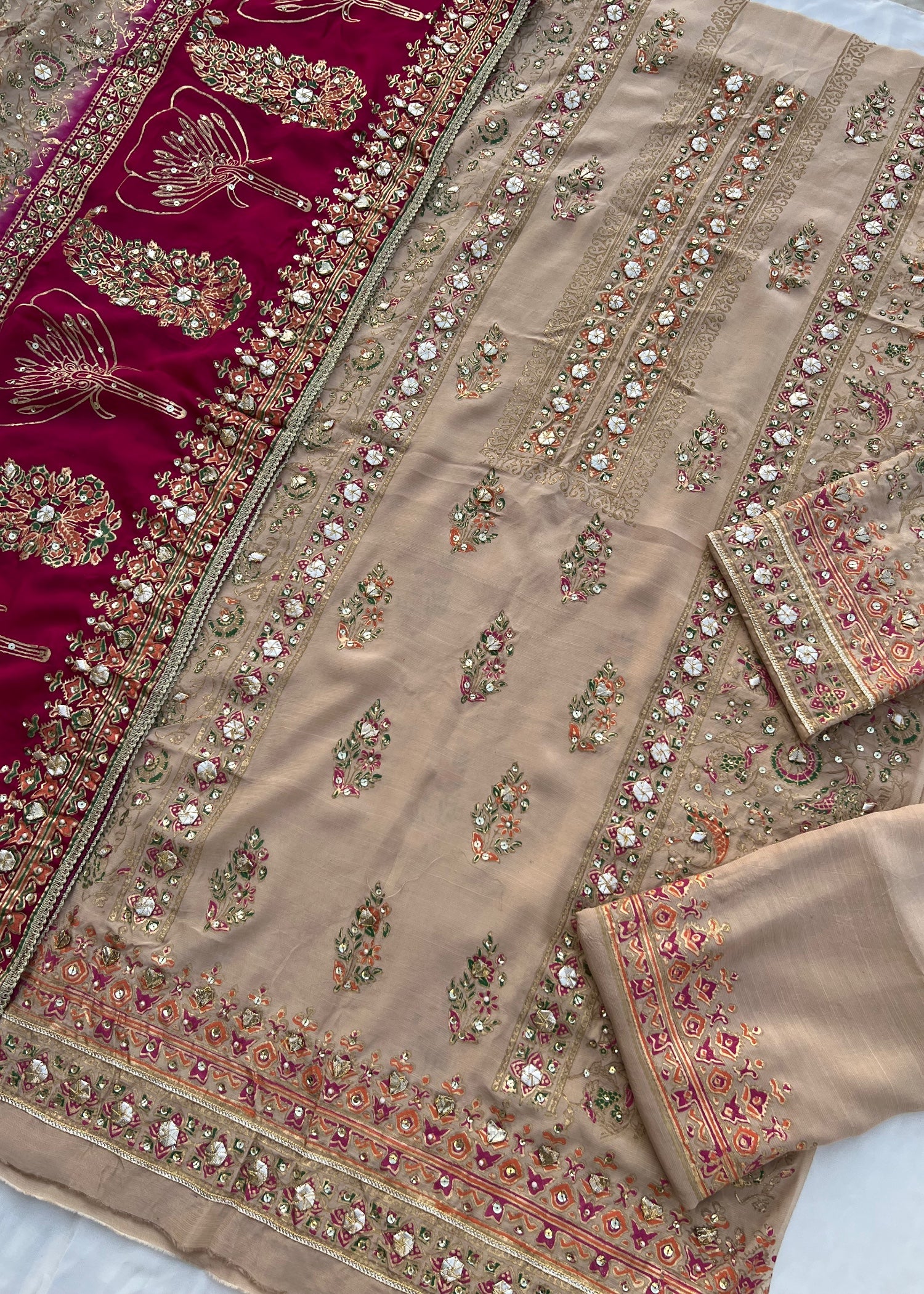 pk raw silk Unstitched in Orange, shocking pink, tan brown
