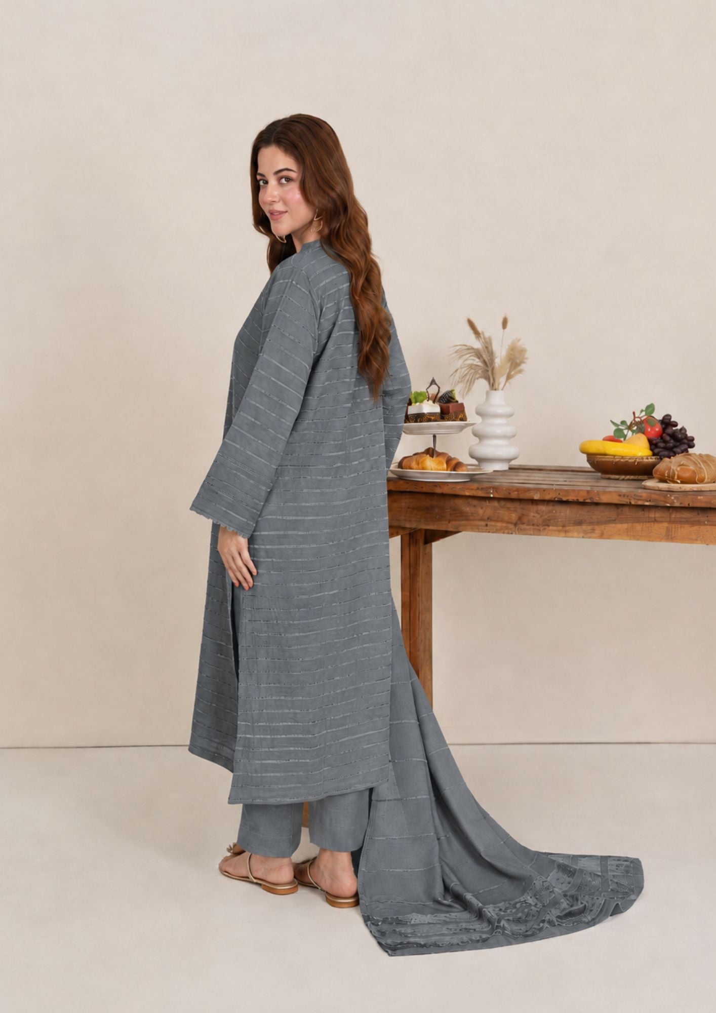dhanak wool Kurta Set in Grey