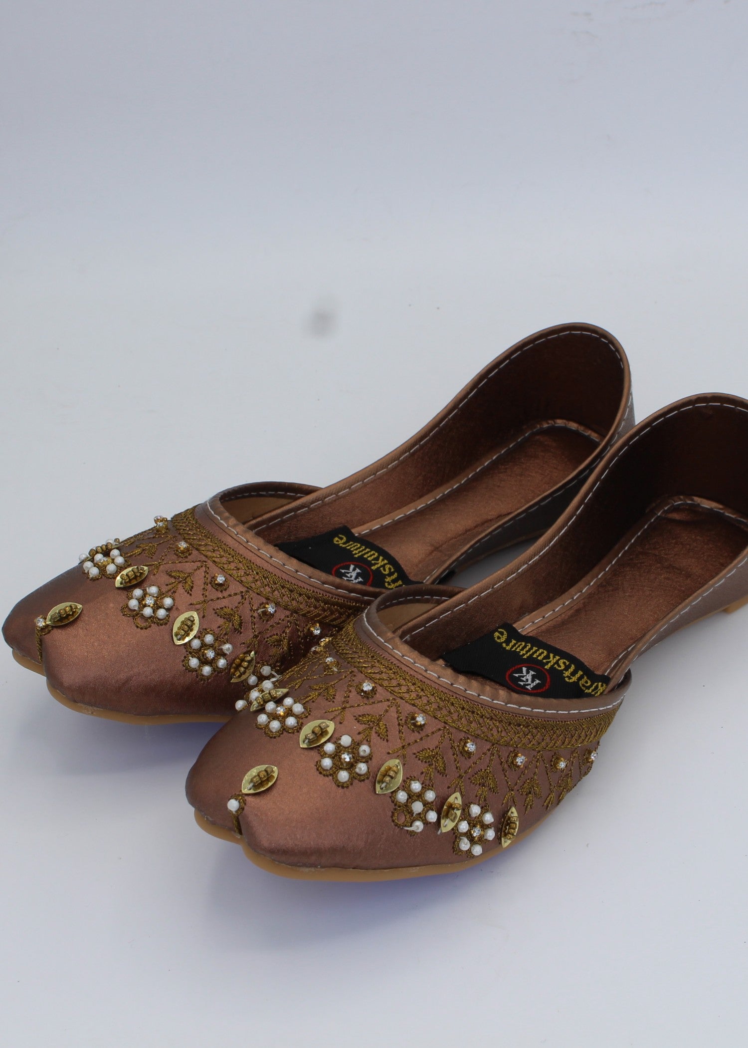 Khussa in Caramel brown, gold by - High Quality Women Khussa ALM7795