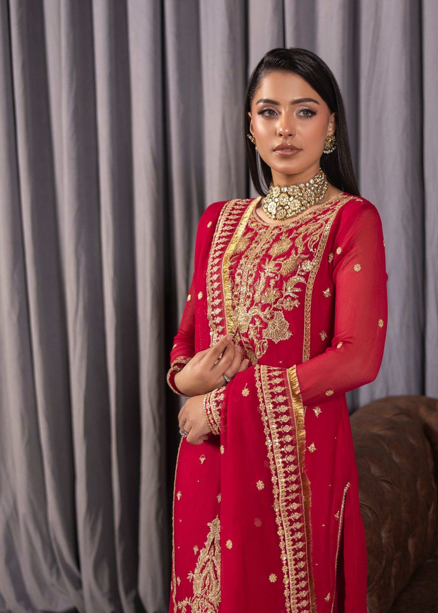 bemberg crinkle chiffon Kurta Set in Hot pink red
