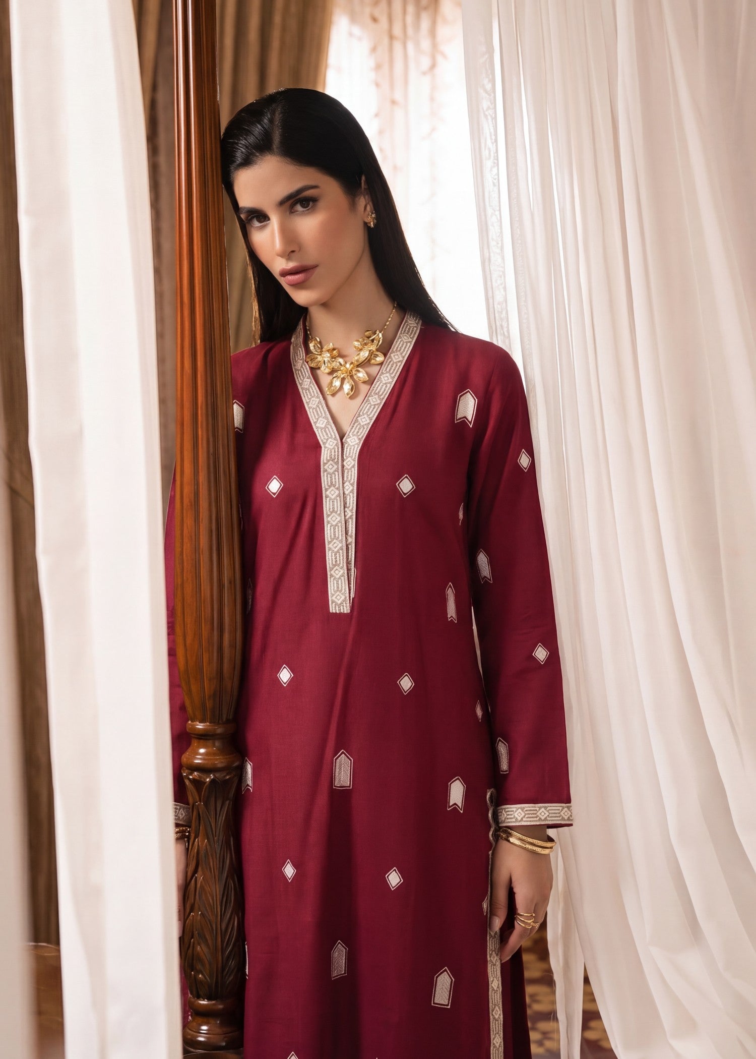 khaddar Kurta Set in Imperial red