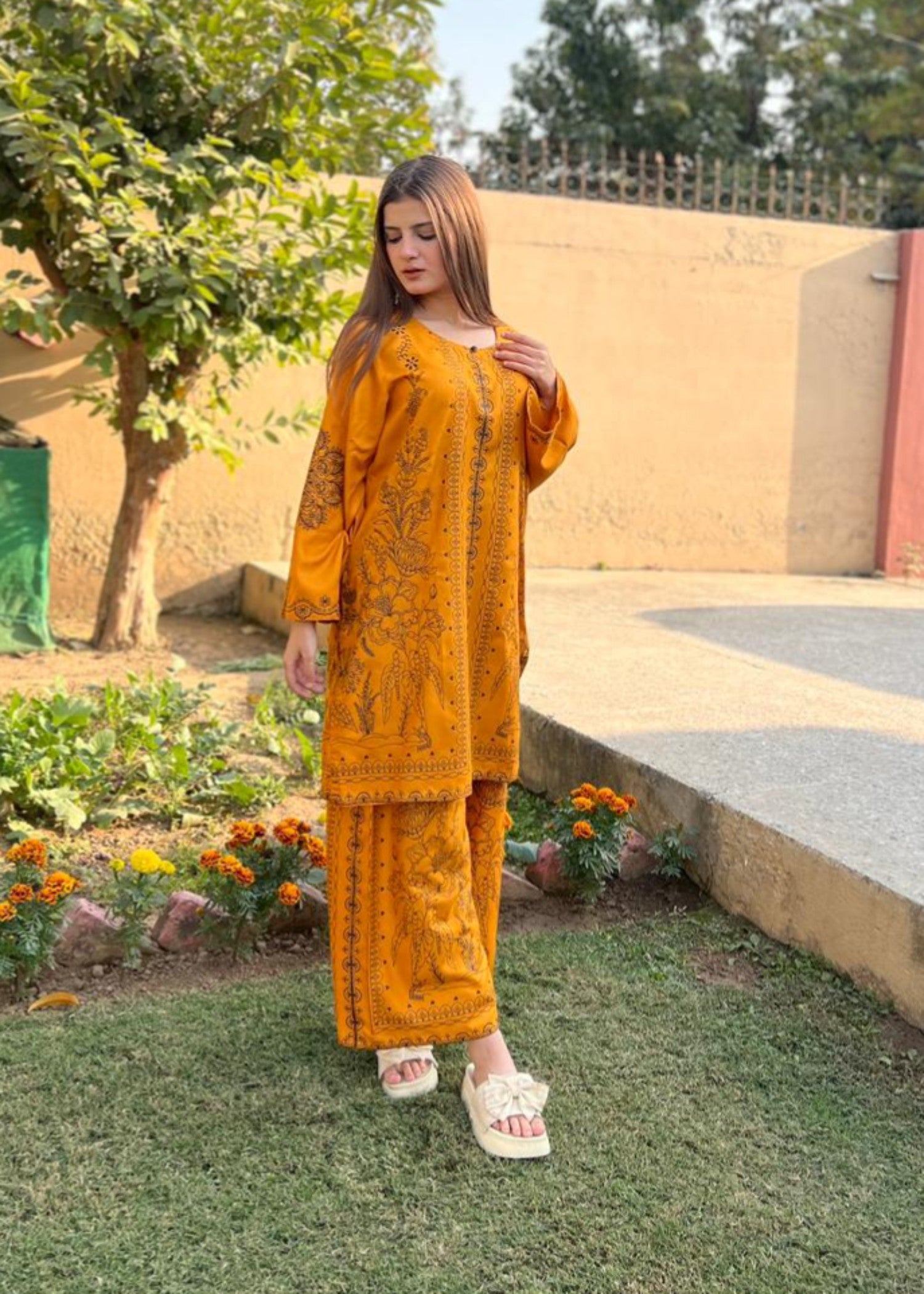 arabic lawn Co Ord Sets in Mustard