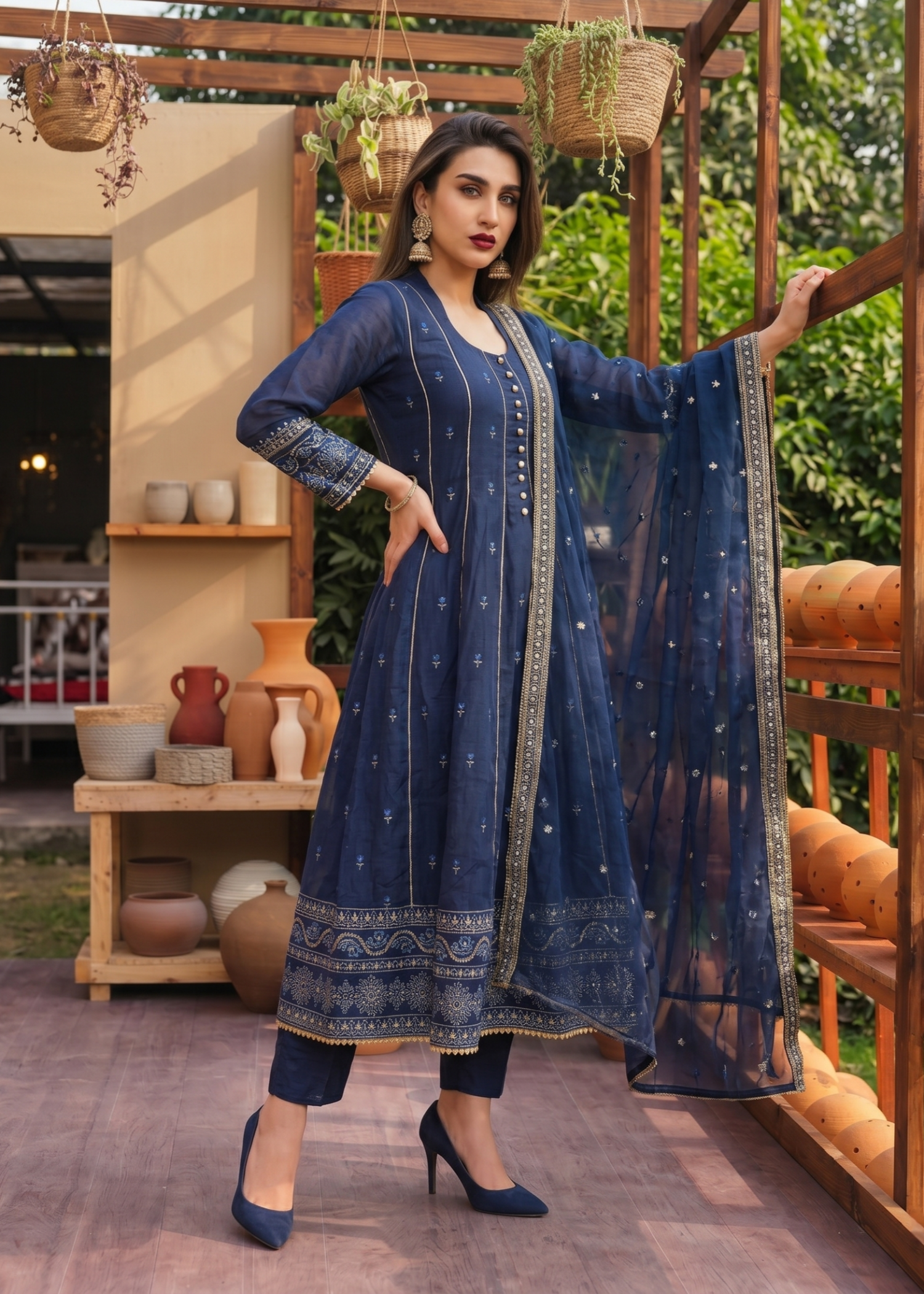 lawn Pishwas in Navy blue
