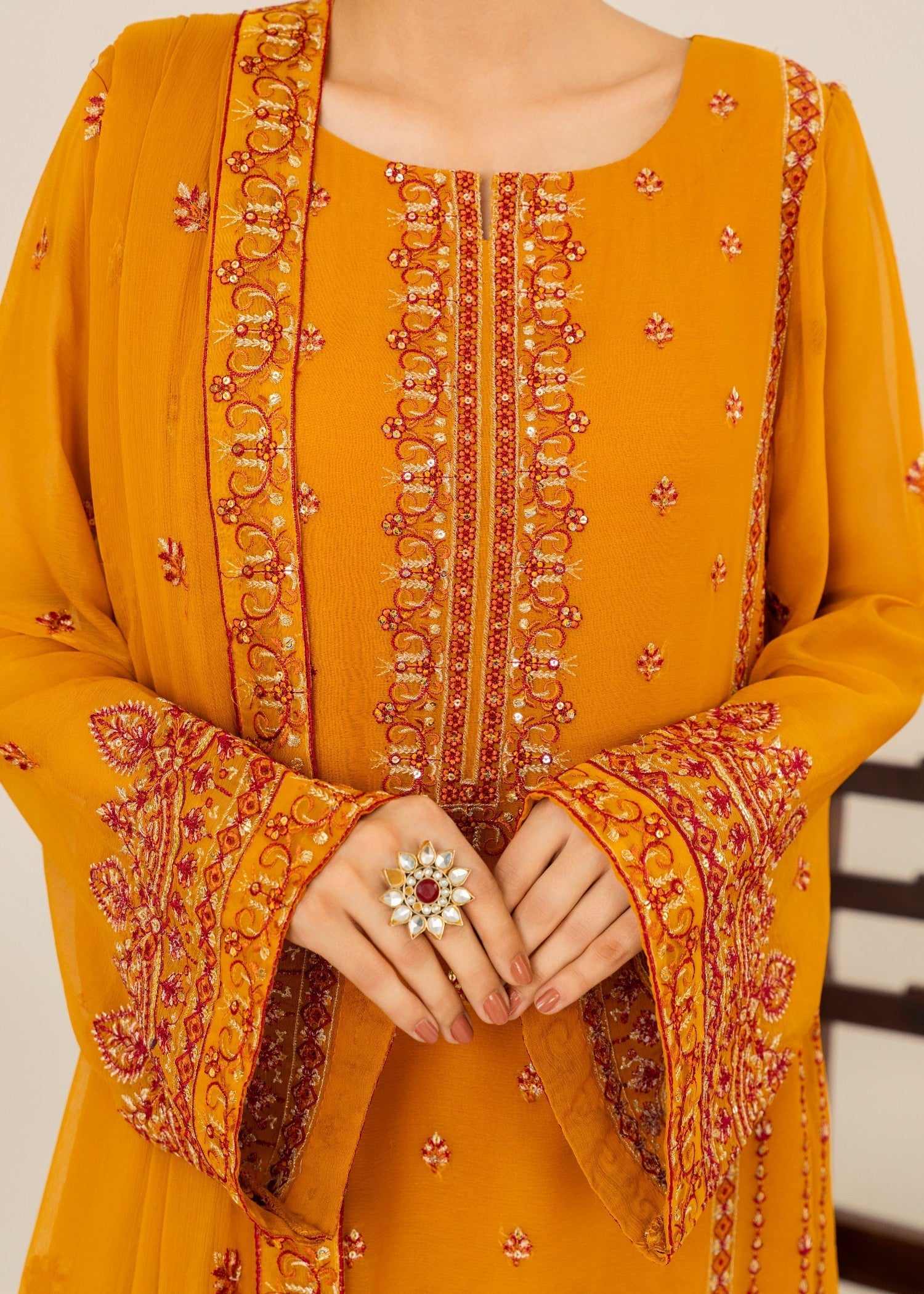 chiffon Kurta Set in Pumpkin orange
