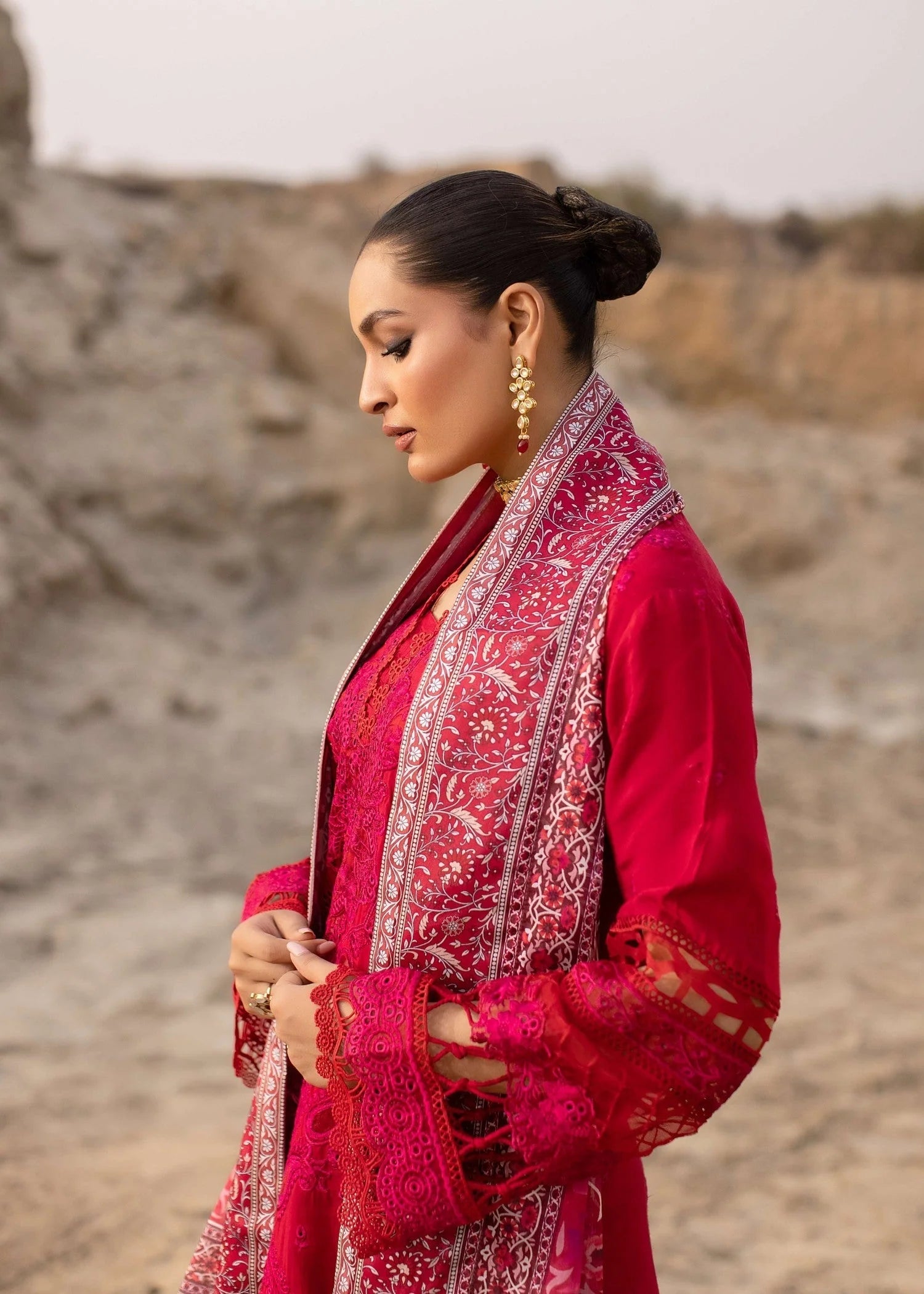raw silk Kurta Set in Hot pink red