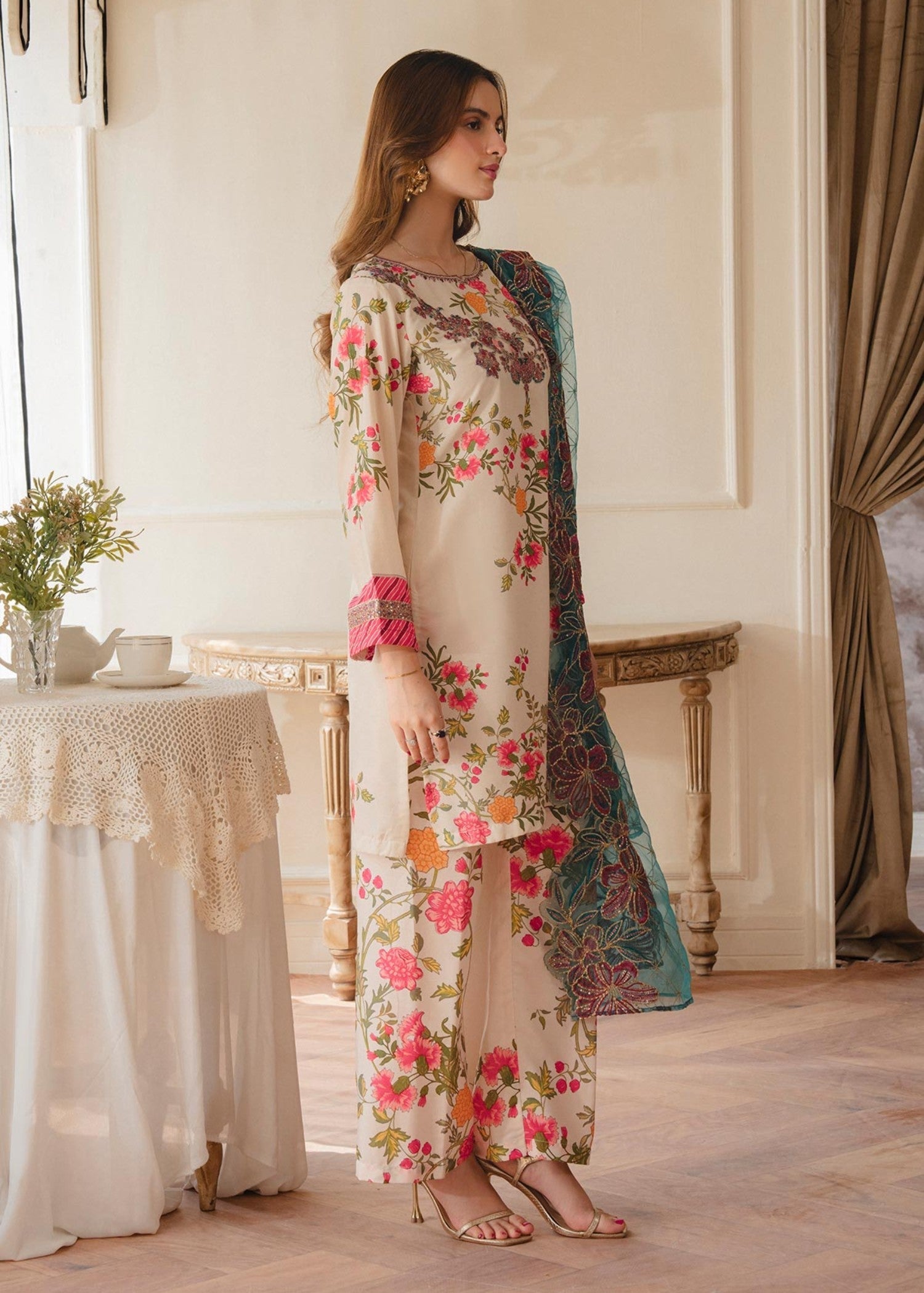 poly lawn Kurta Set in Teal, red, off-white