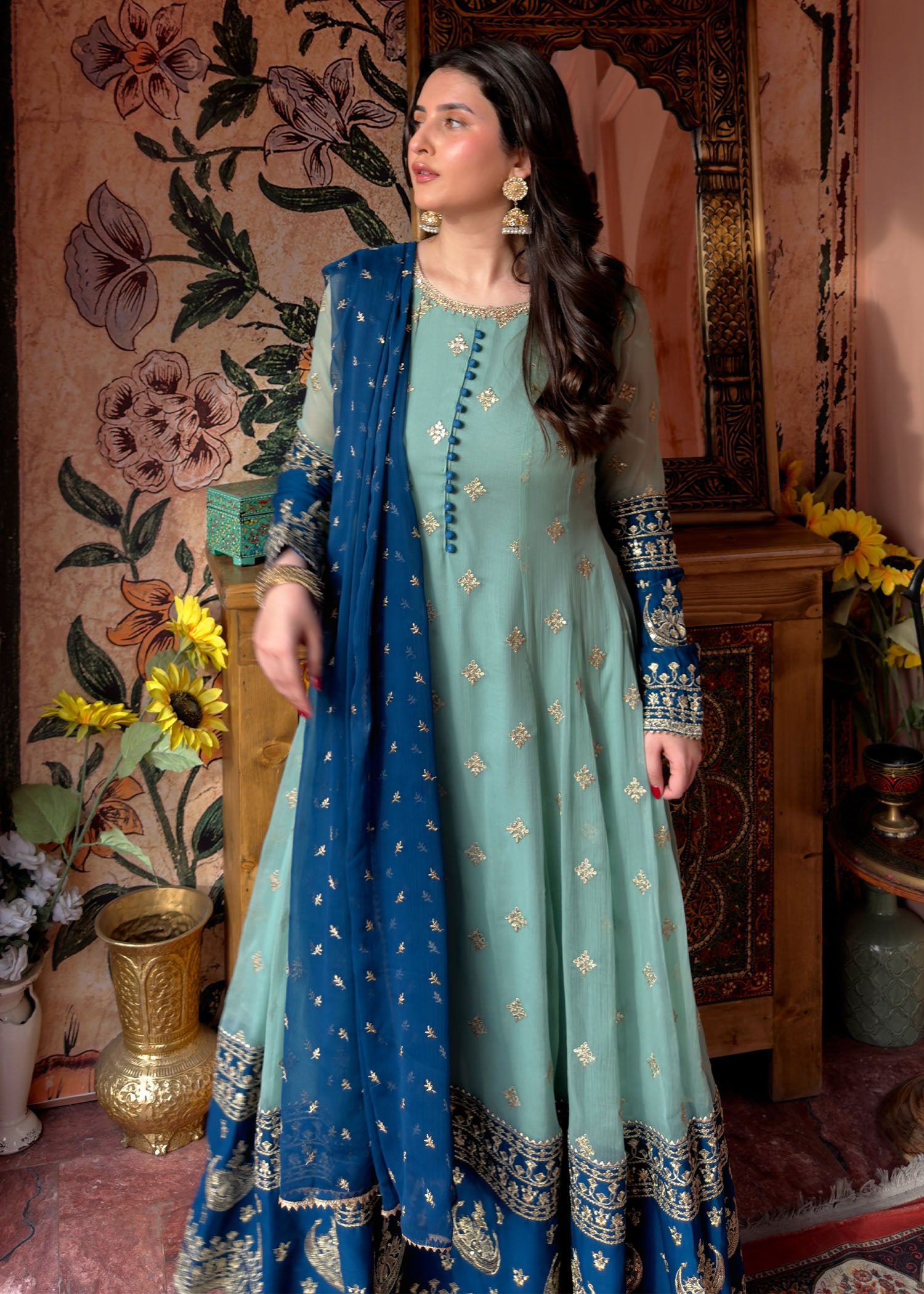 chiffon Anarkali in Aquamarine