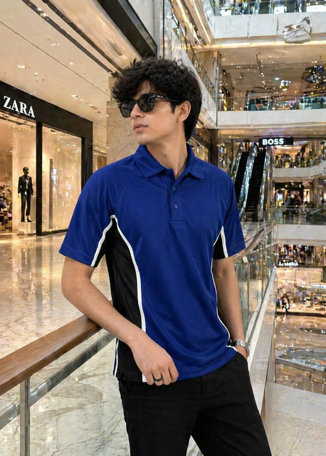 polyester Polo Shirt in Black, royal blue