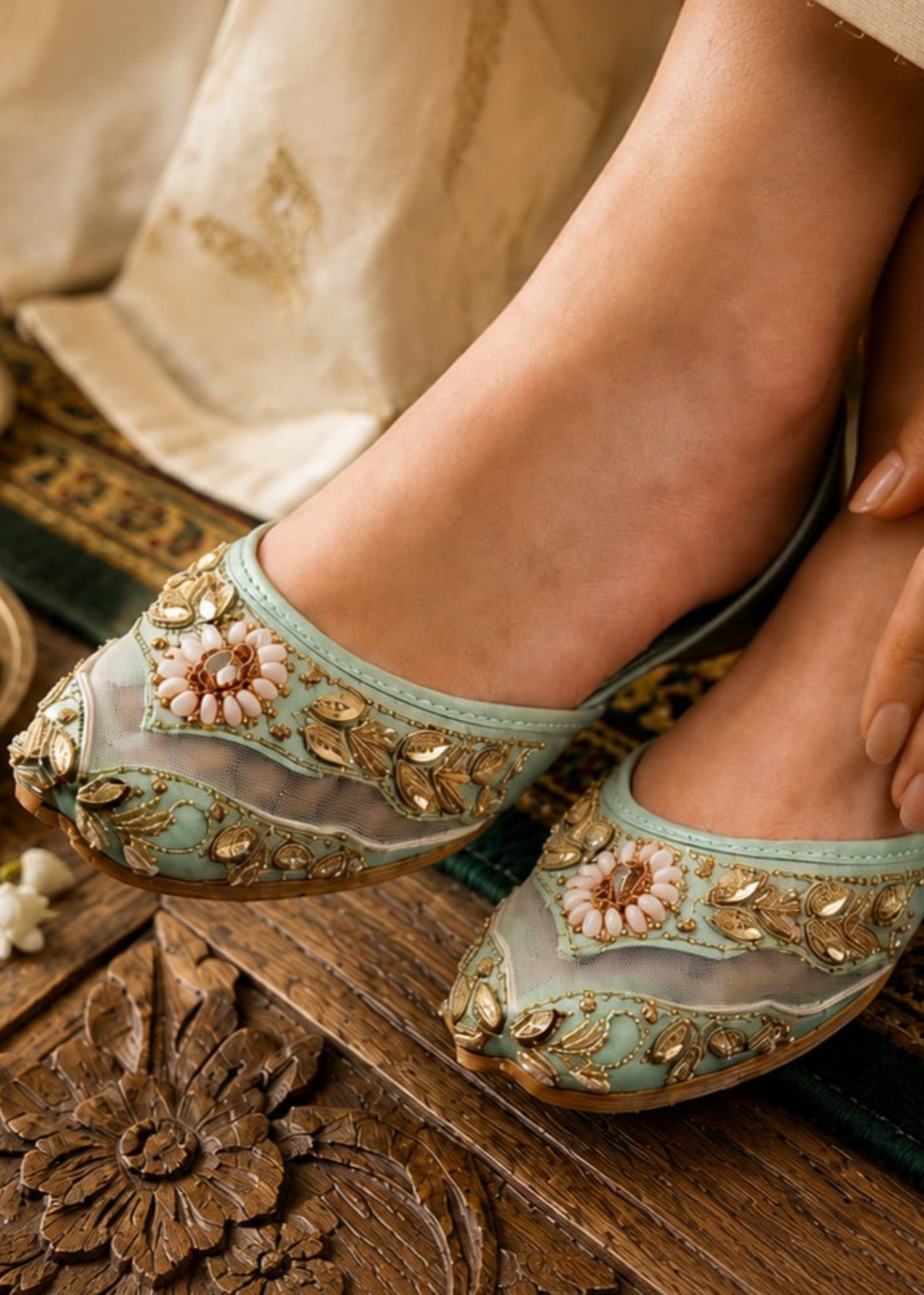 Khussa in Moss green by - High Quality Women Khussa FNM0772