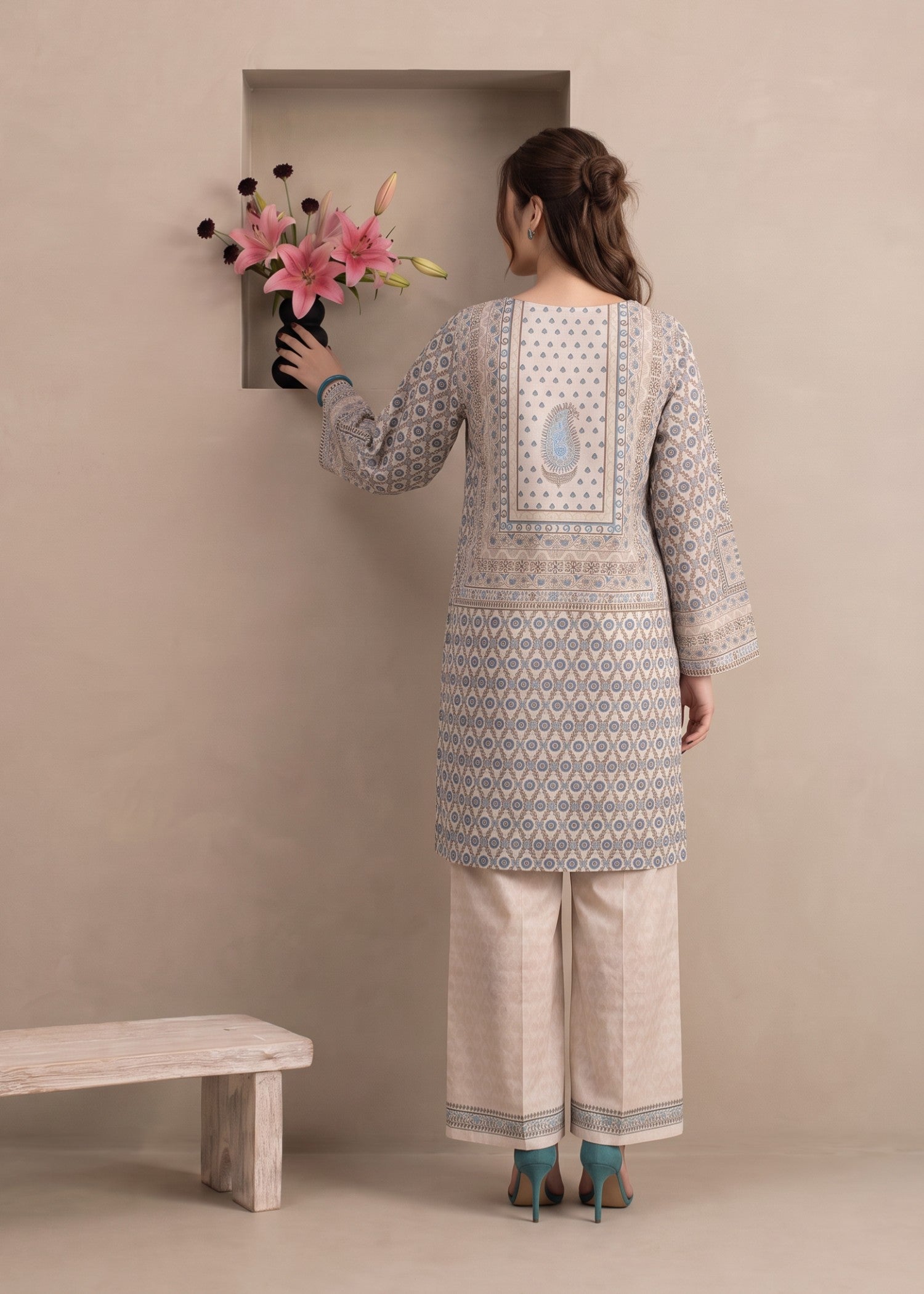polyester crepe Kurta Set in Beige