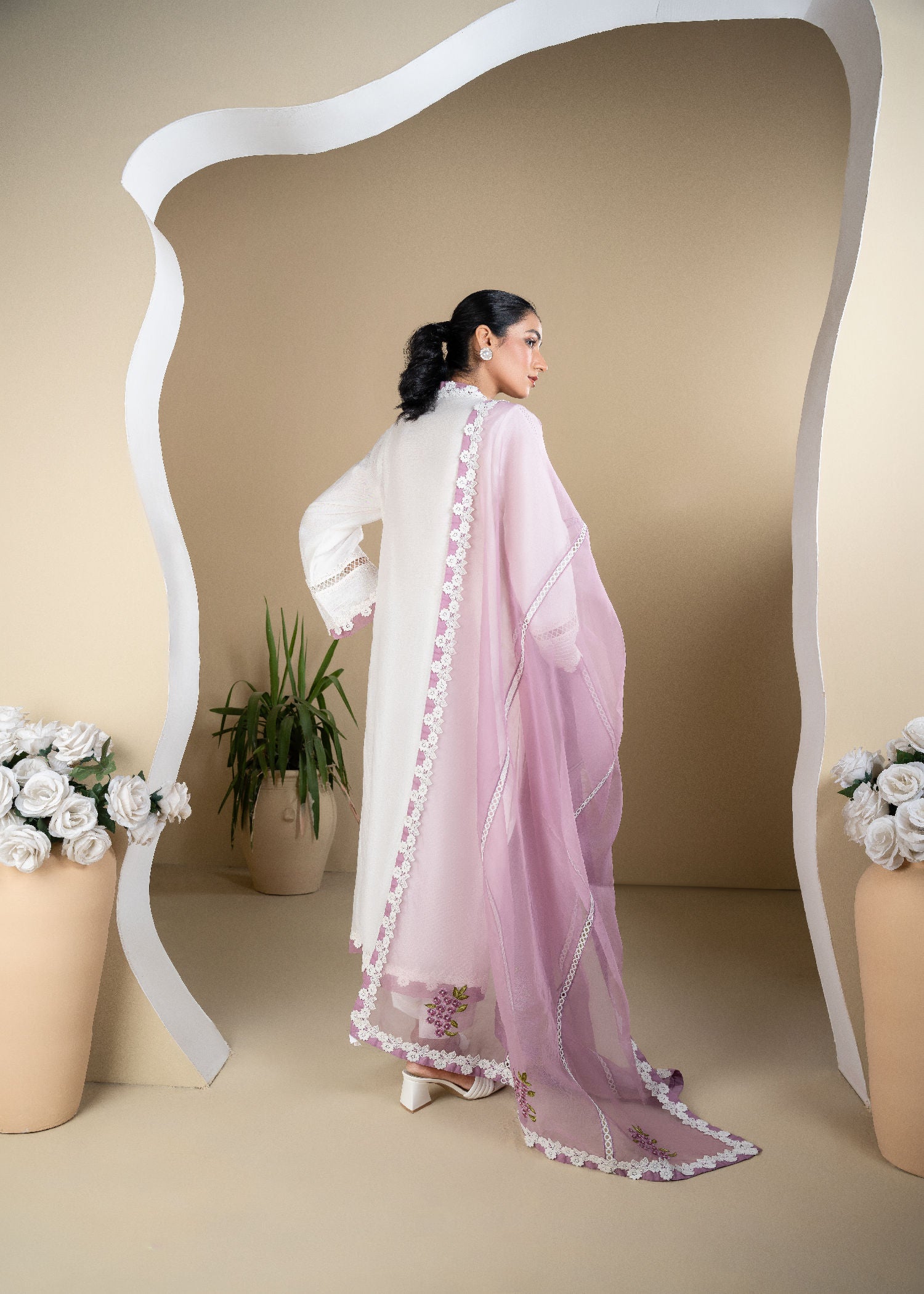 silk cotton net Kurta Set in White