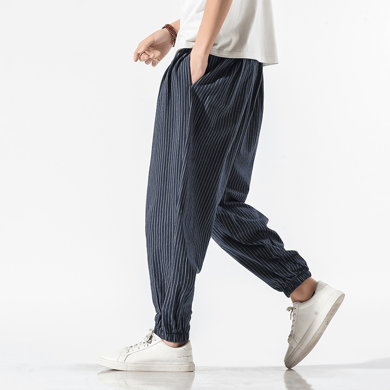 Chinese Style Cotton and Linen Casual Pants Men'S Loose Striped Wide-Leg Lamp