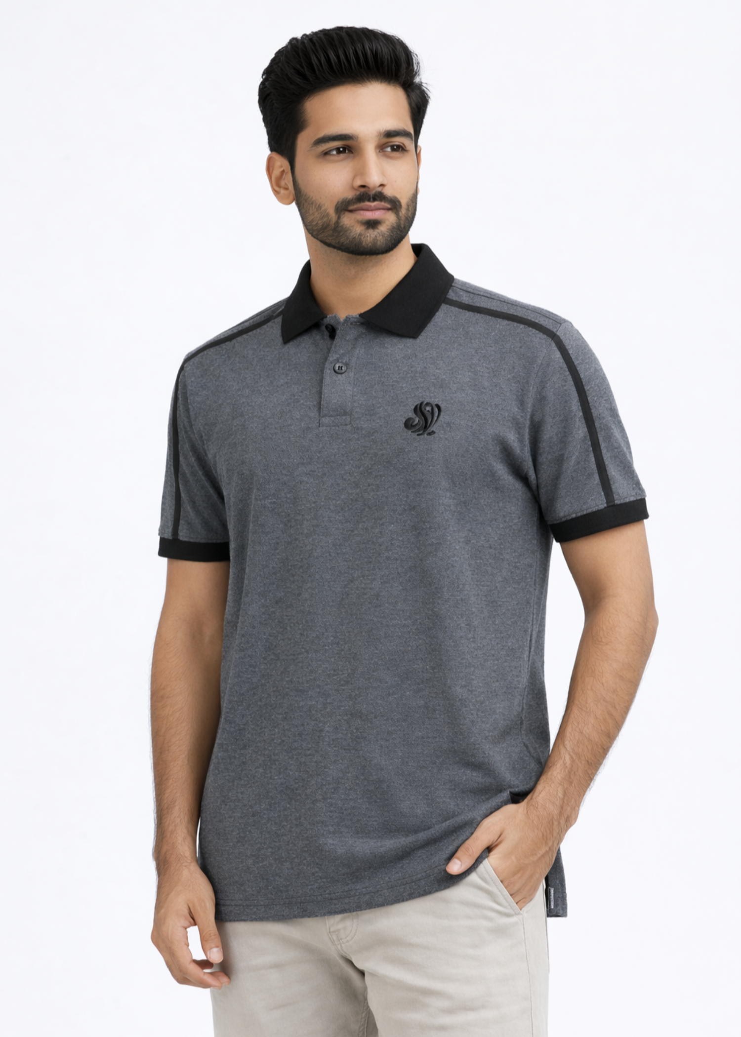 single jersey knit Polo Shirt in Charcoal