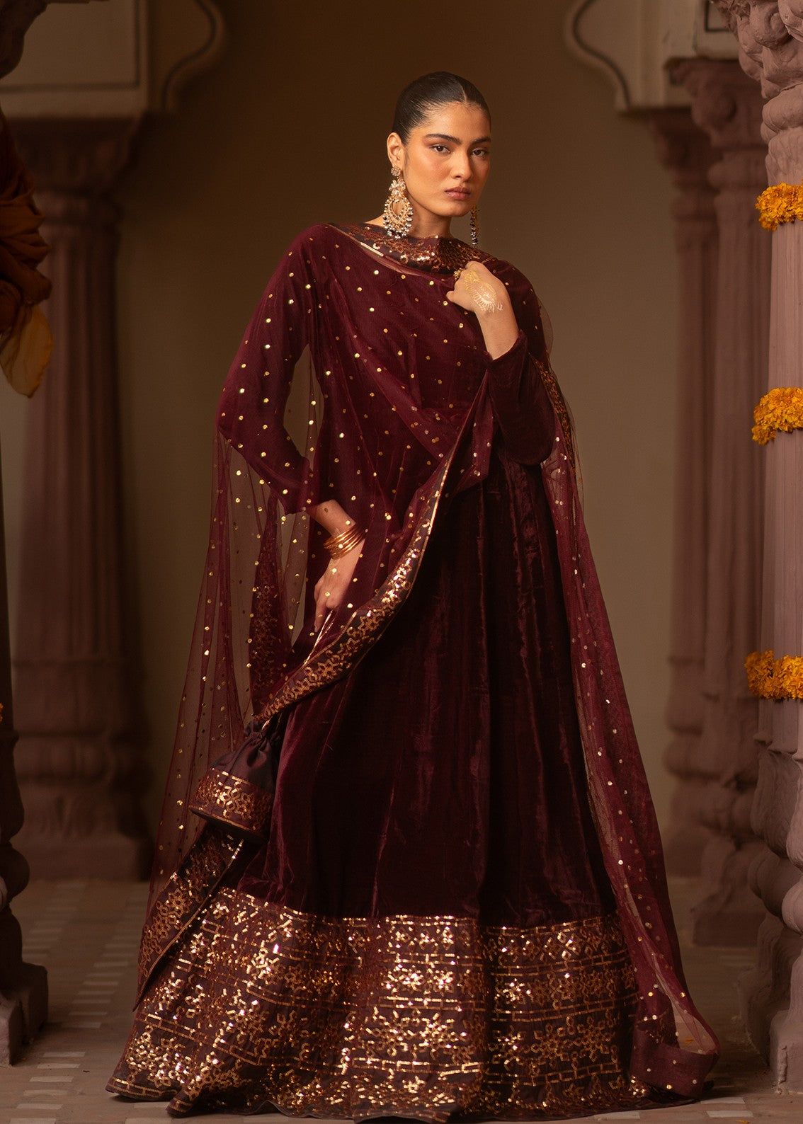 velvet Pishwas in Maroon