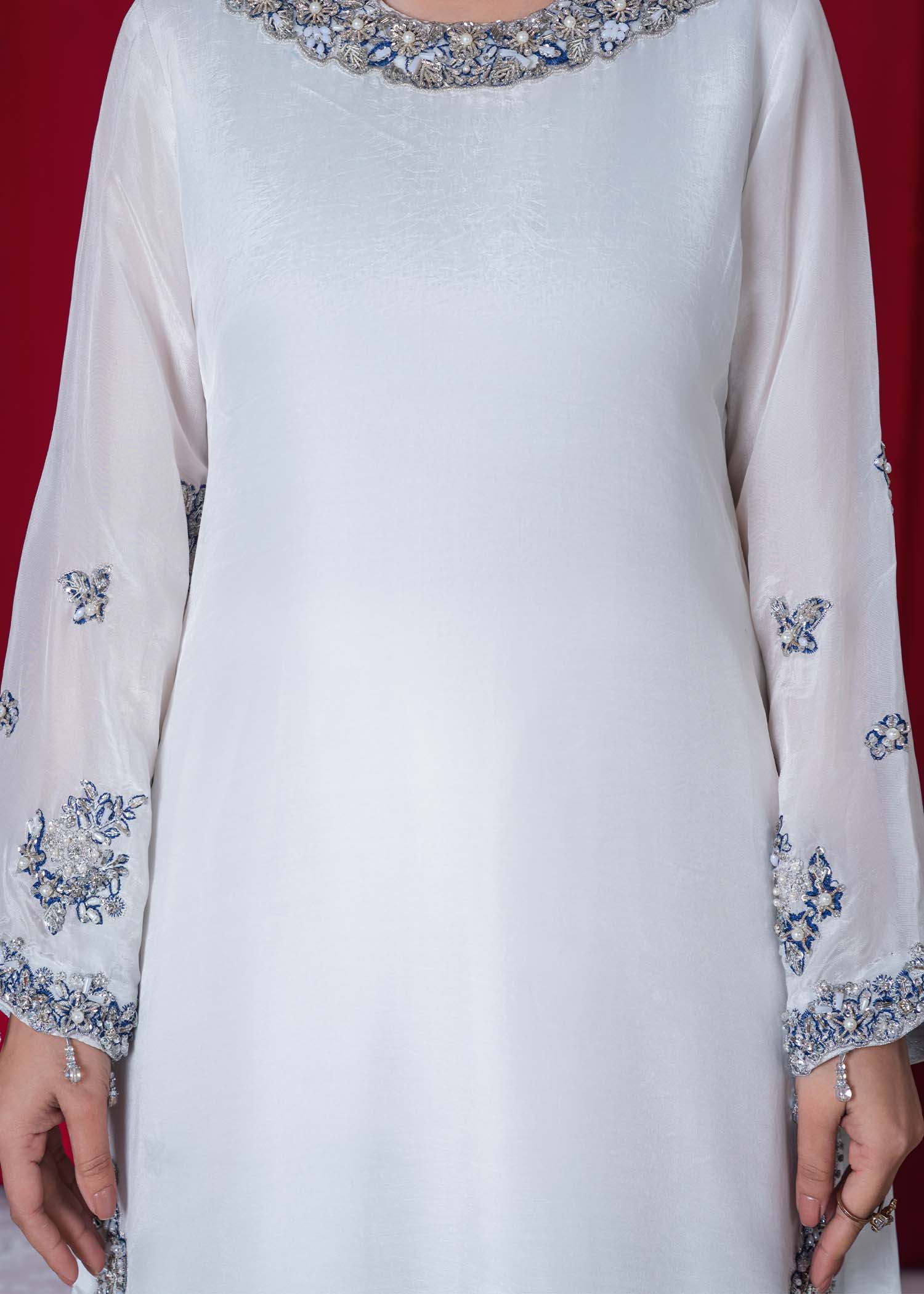 tissue silk Kurta Set in White, sky blue