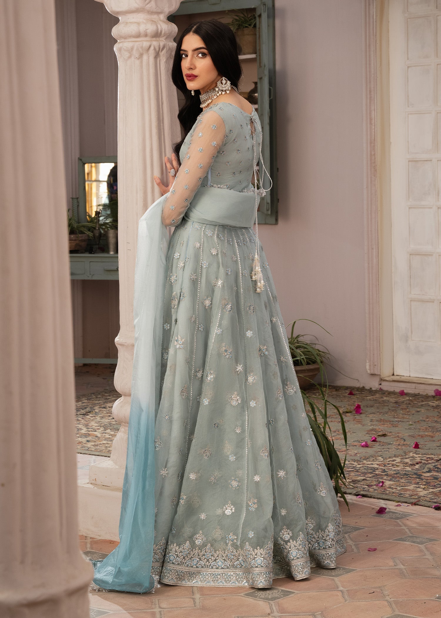 organza Lehenga in Ice blue