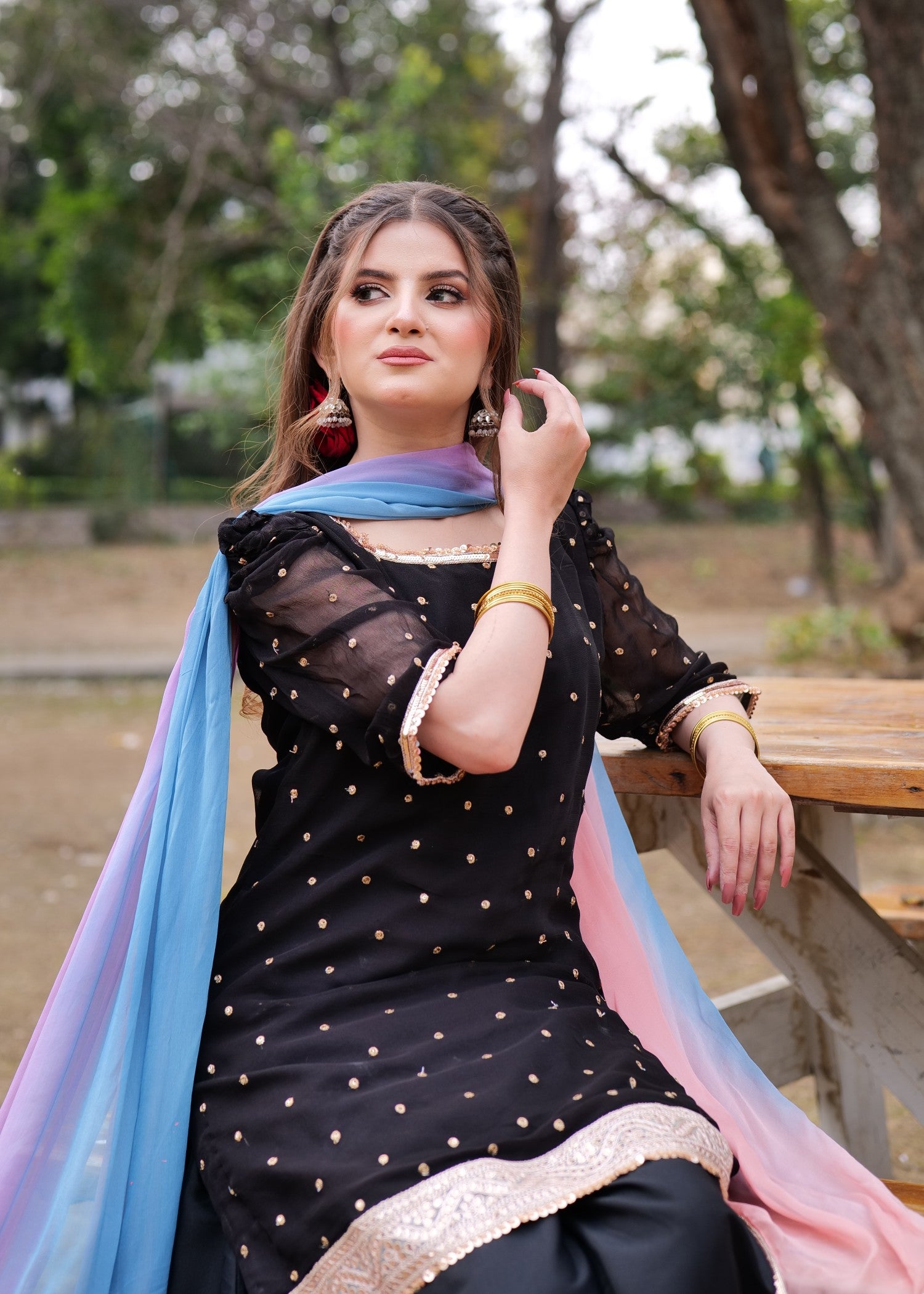 crinkle chiffon Sharara in Jet black