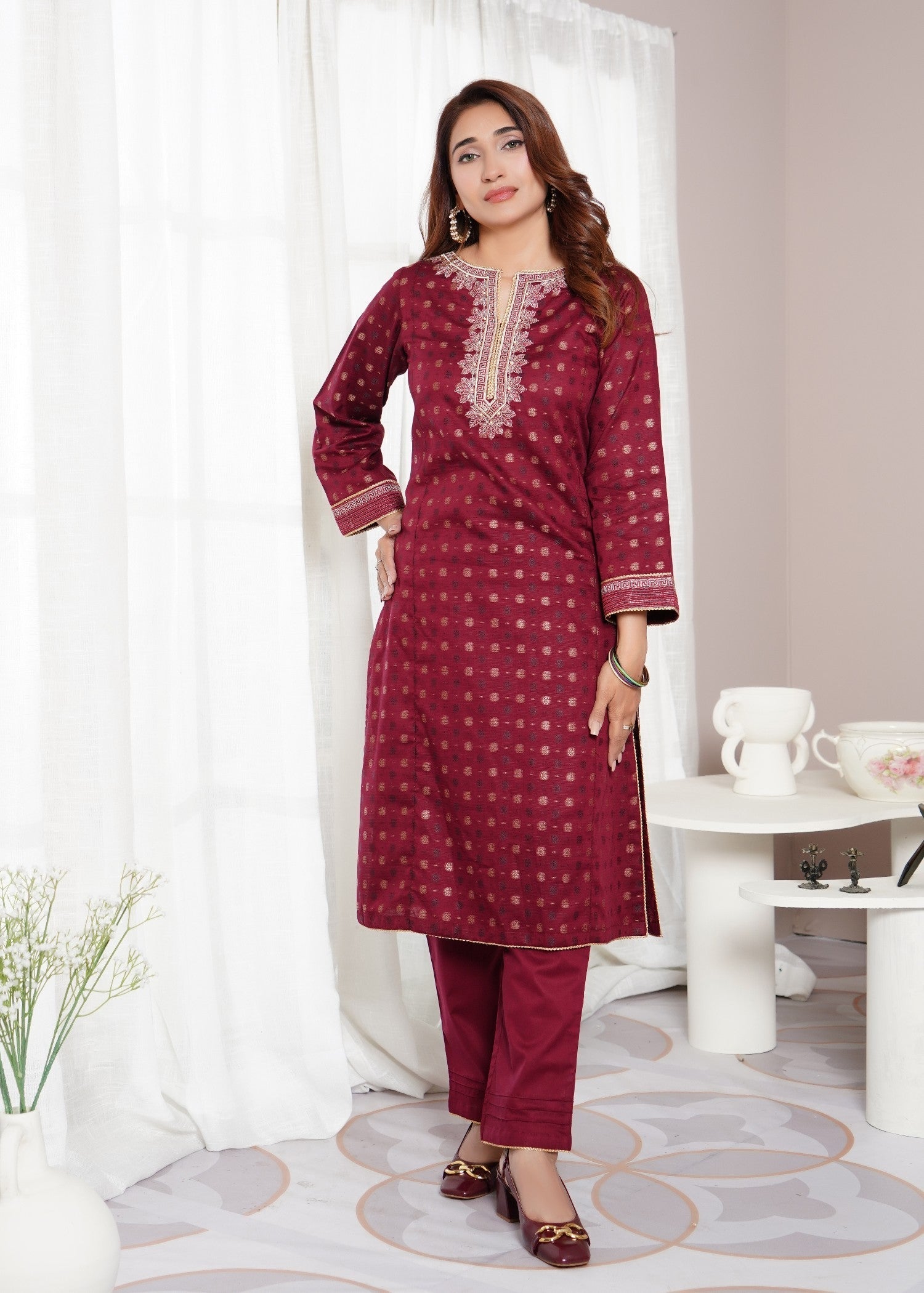 jacquard Kurta Set in Maroon