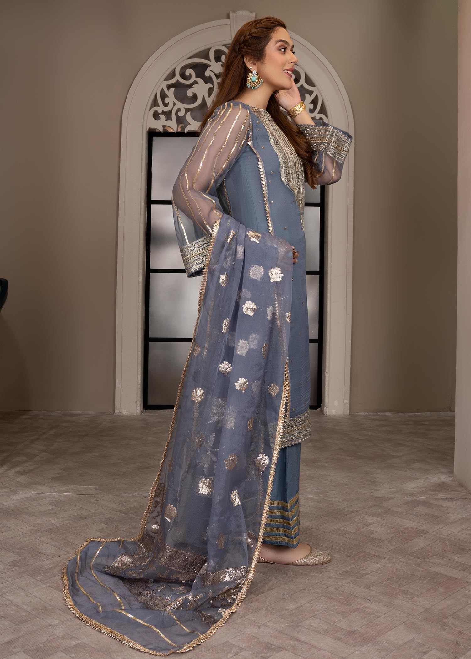 organza Kurta Set in Steel blue