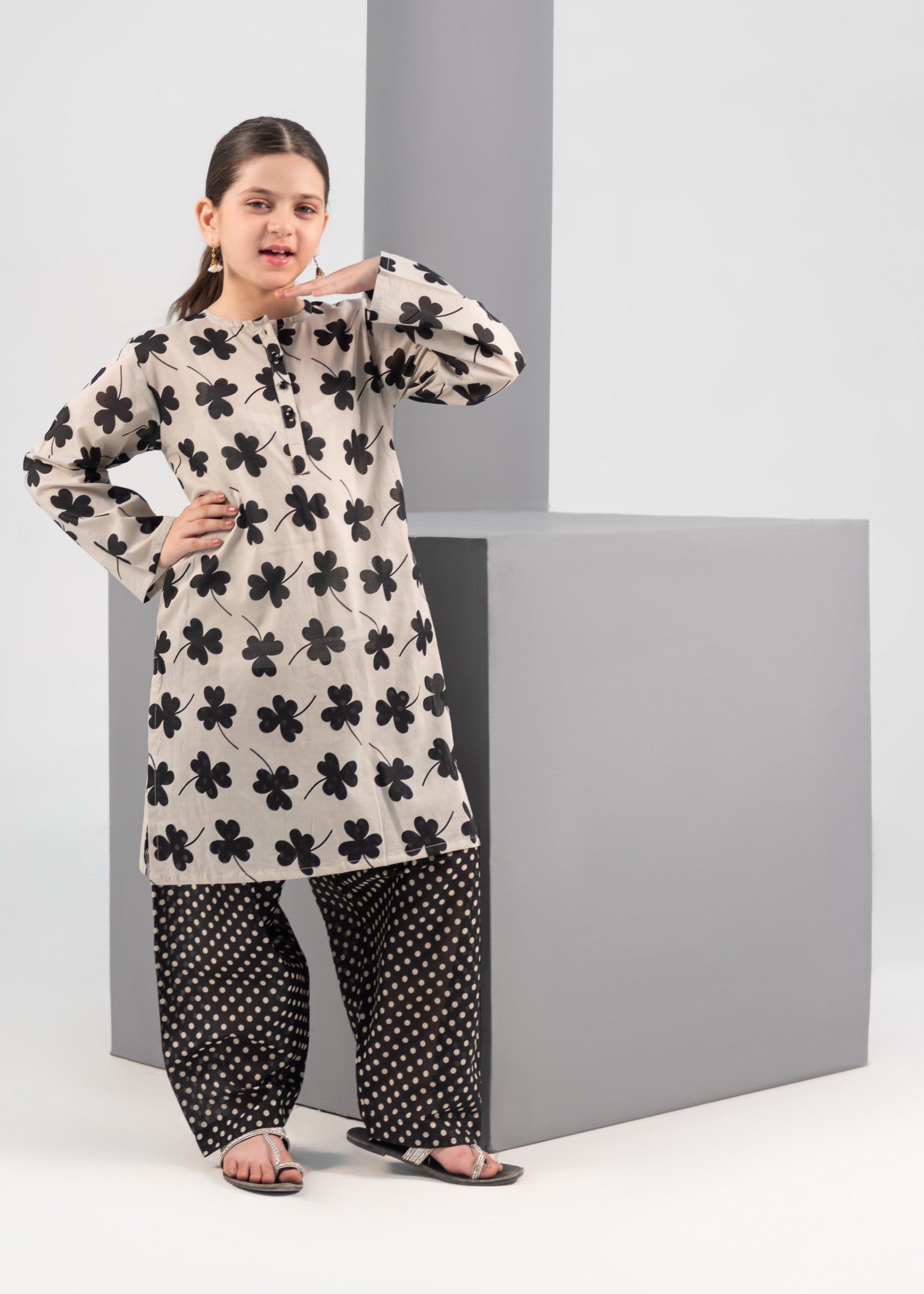 poly lawn Kurta Set in Black, beige