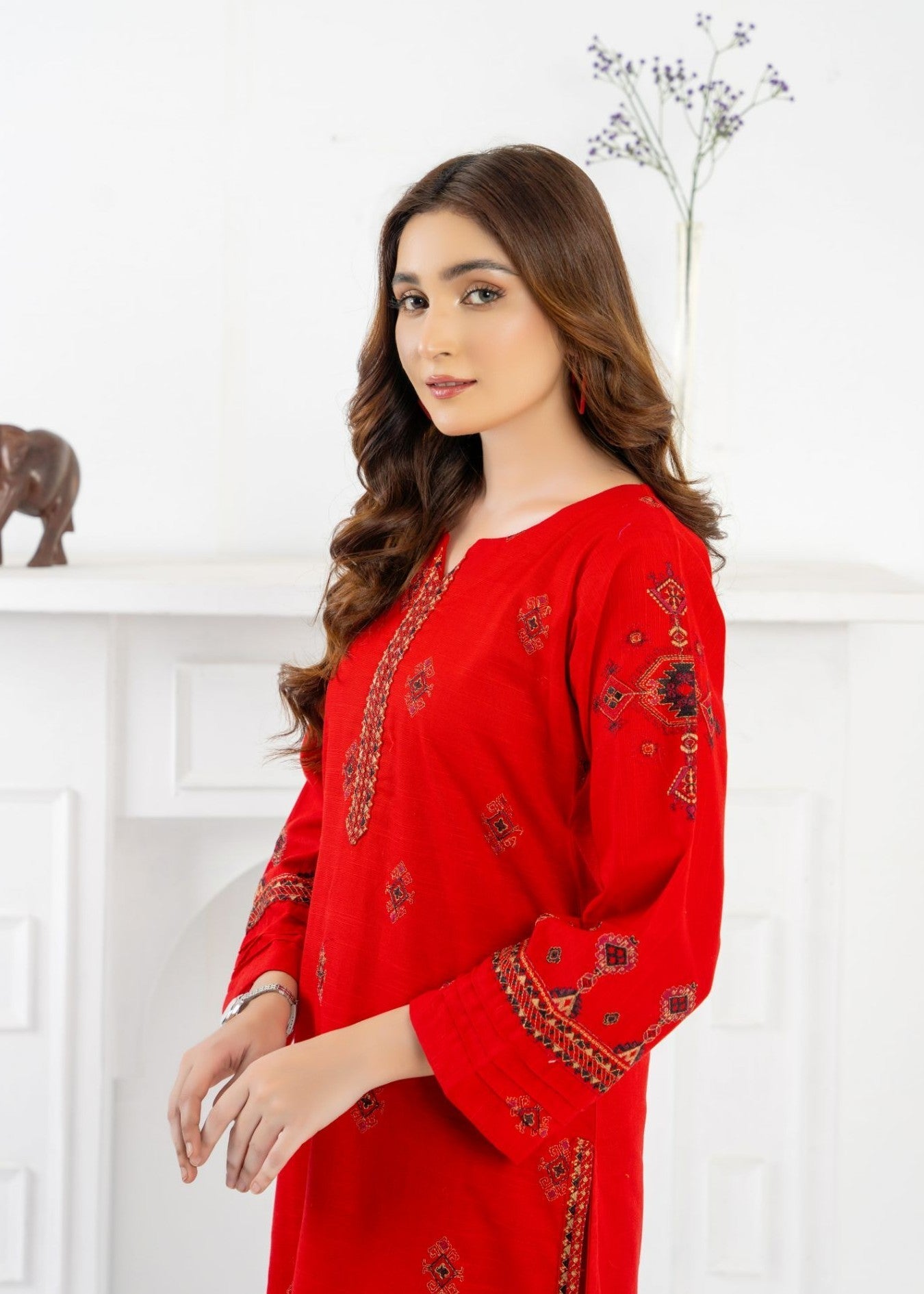 slub khaddar Kurta Set in Red