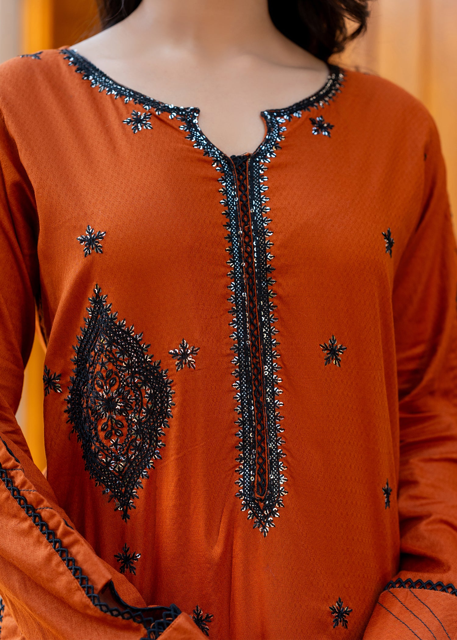 jacquard Kurta Set in Yellow-orange