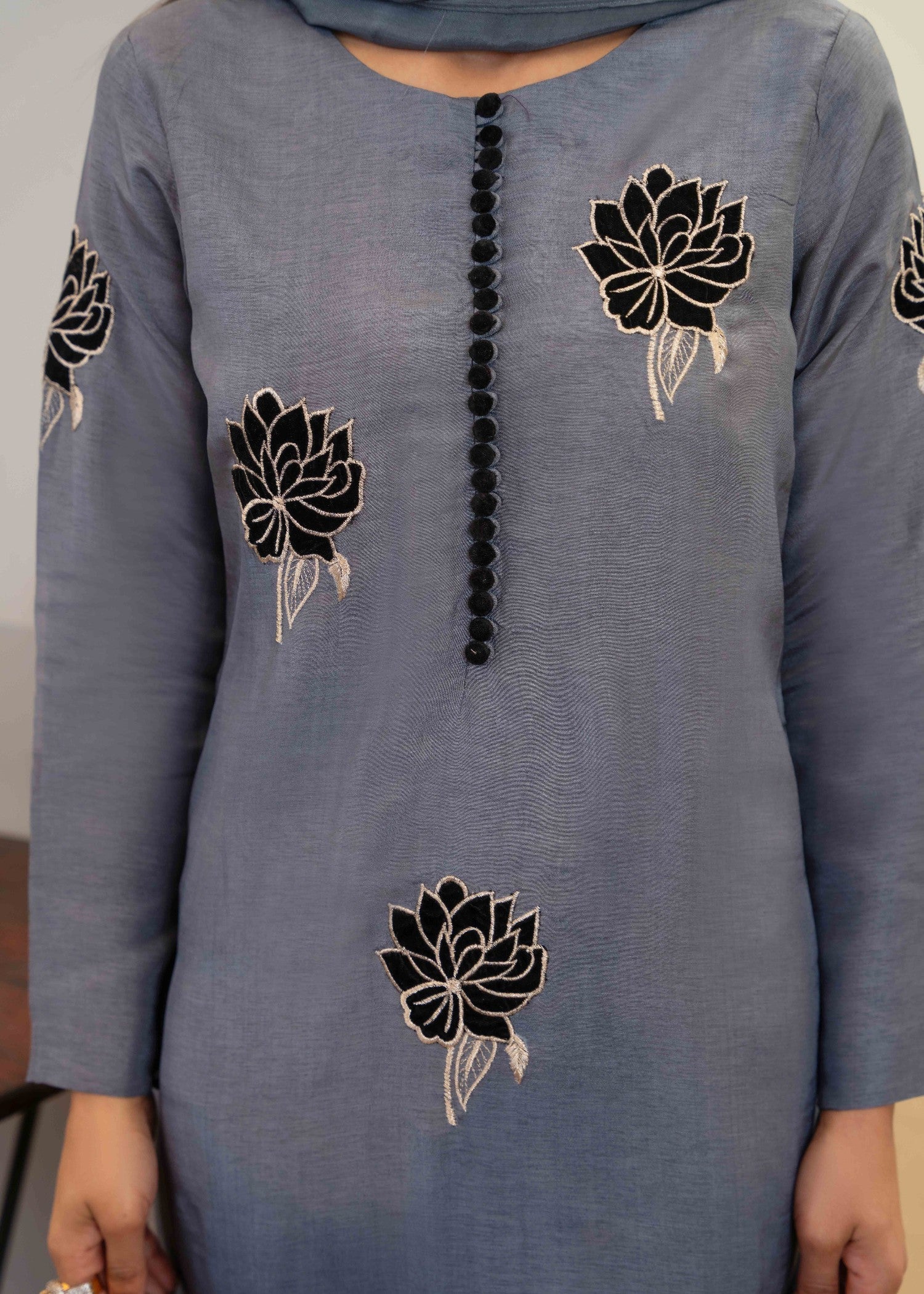 silk Kurta Set in Steal grey