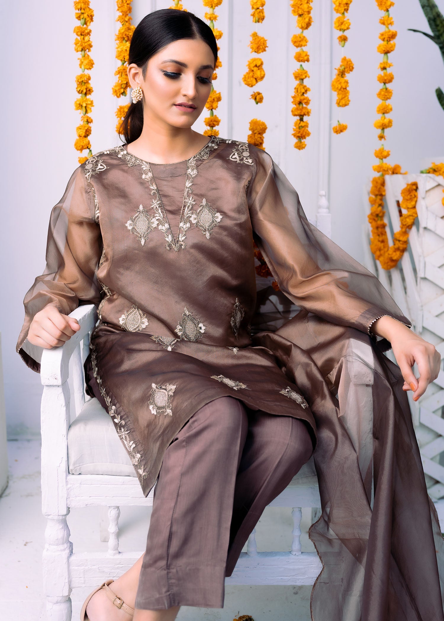 kataan organza Kurta Set in Coffee brown