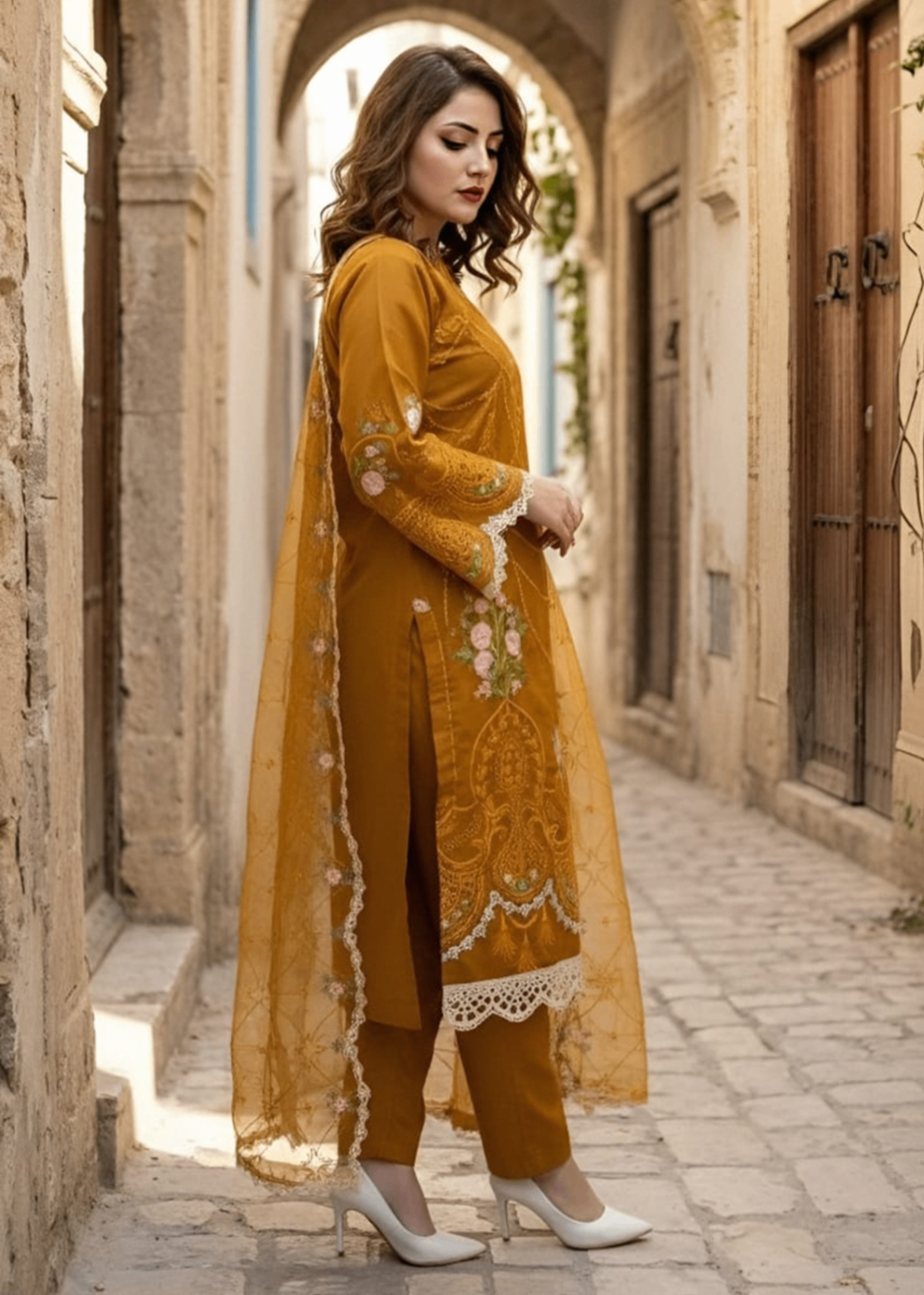 cotton net Kurta Set in Mustard