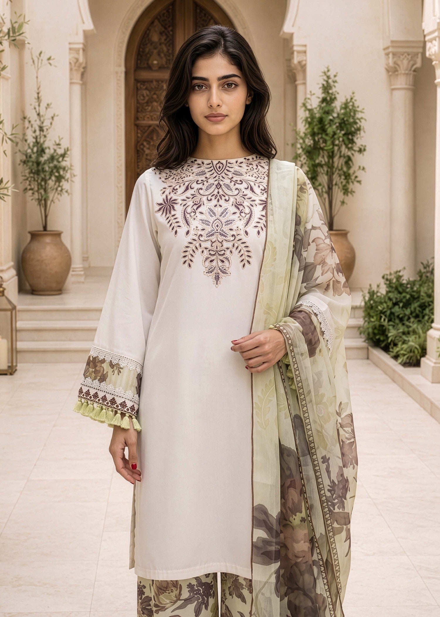lawn cotton Kurta Set in Off-white