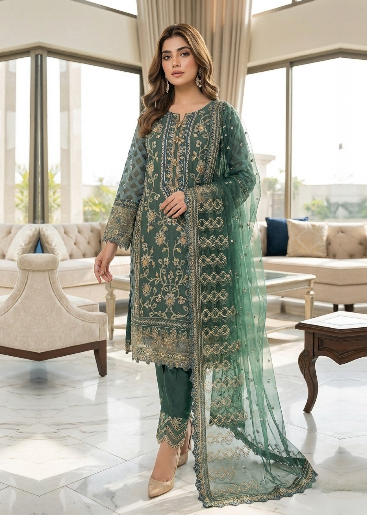 jacquard organza Kurta Set in Green