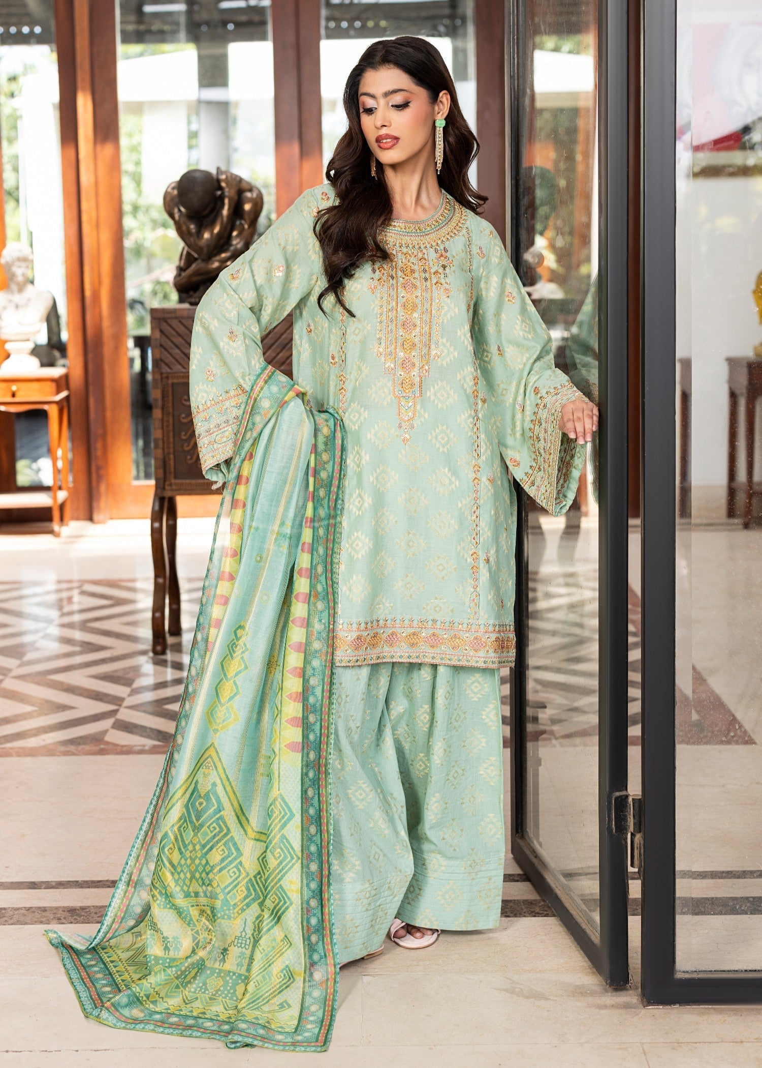 jacquard Kurta Set in Light cyan