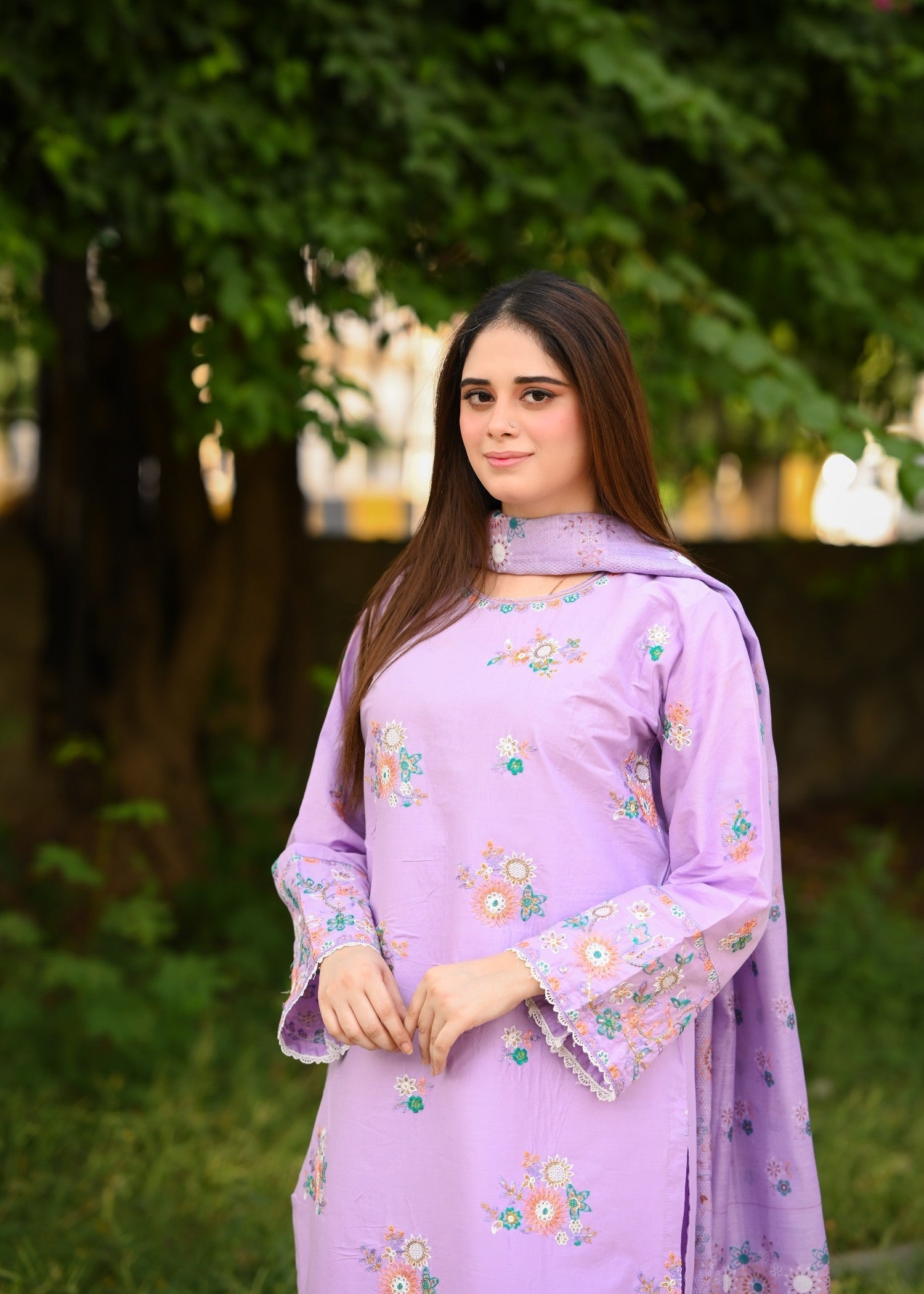 cambric Kurta Set in Mauve