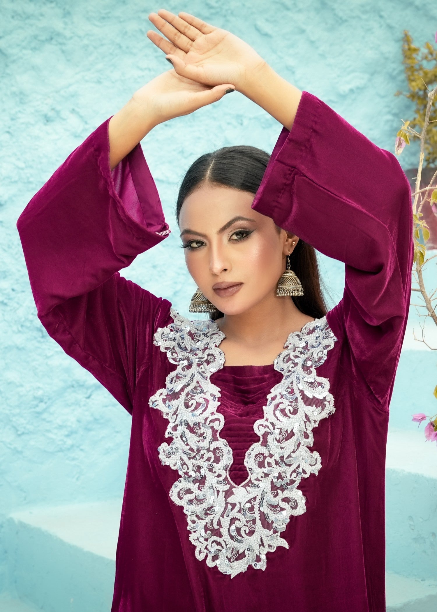 velvet Kurta Set in Plum