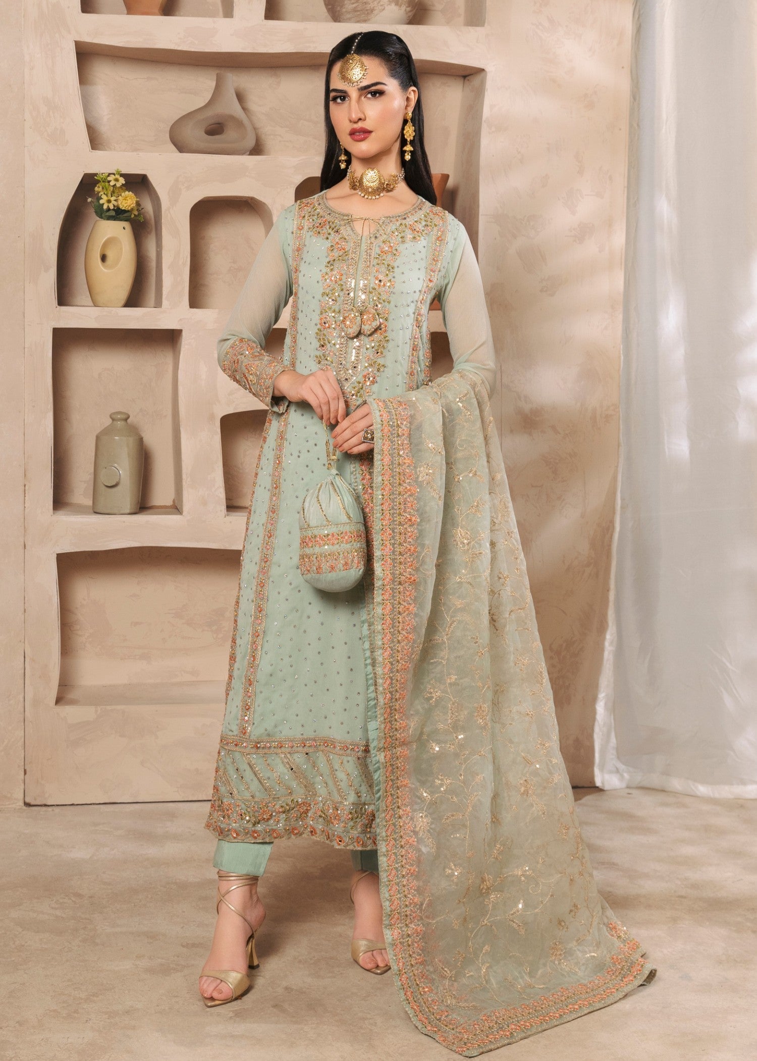chiffon Kurta Set in Pastel green