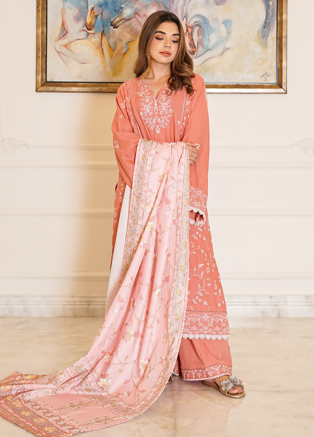 fine khaddar Unstitched in Coral pink