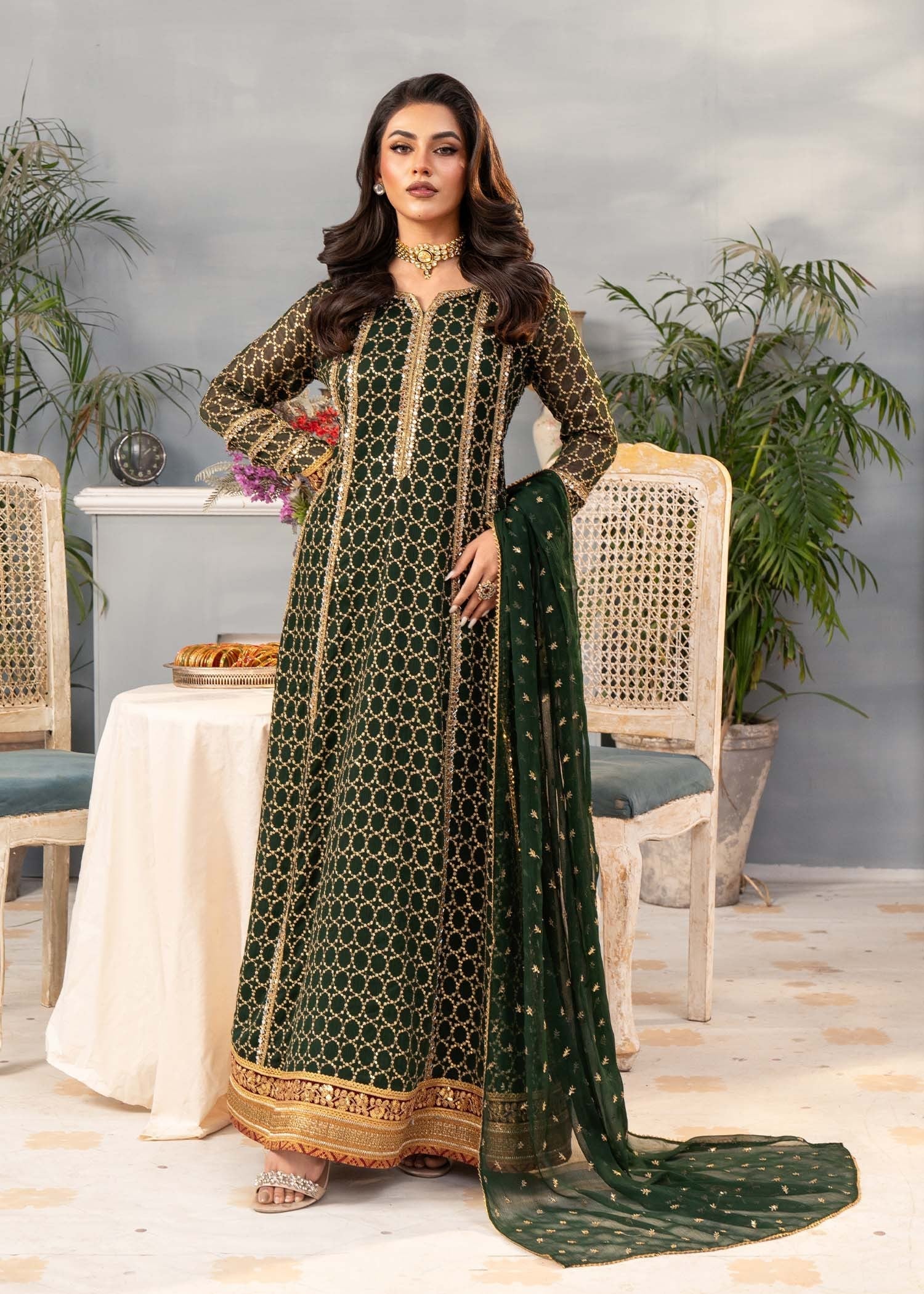 chiffon Anarkali in Bottle green